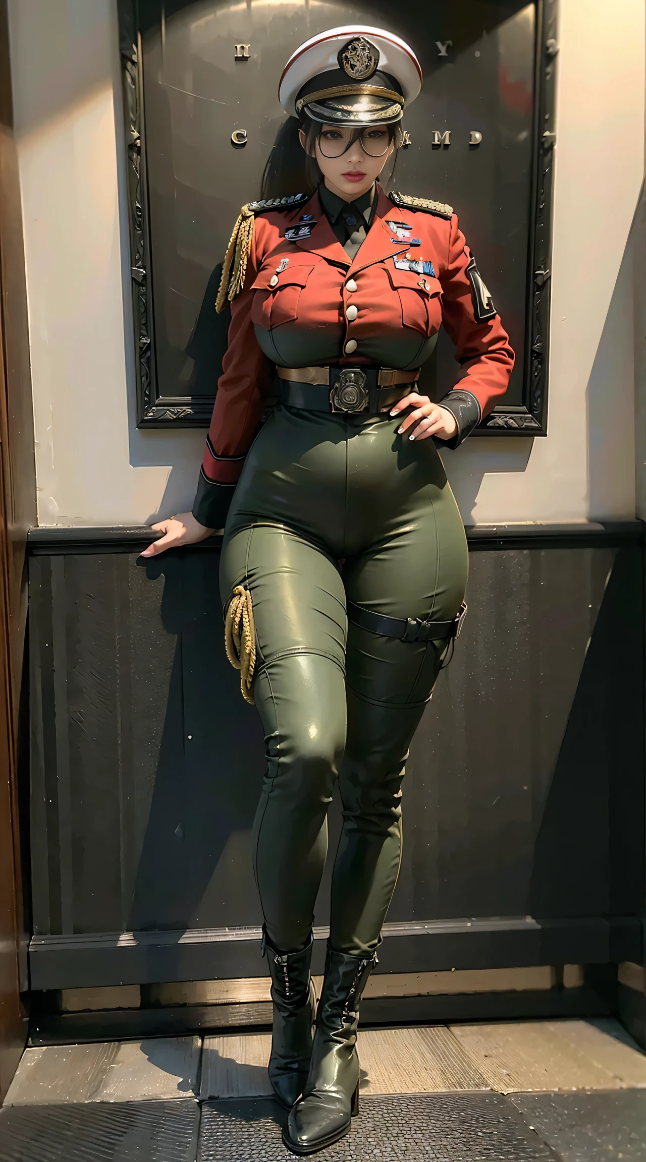 physically-based rendering, 1girl, Female soldier, (huge fake breasts:1), sexy body, tall, slim waist, big buttocks, (Full body:1.3), skintight army pants, (wearing Red military uniform).