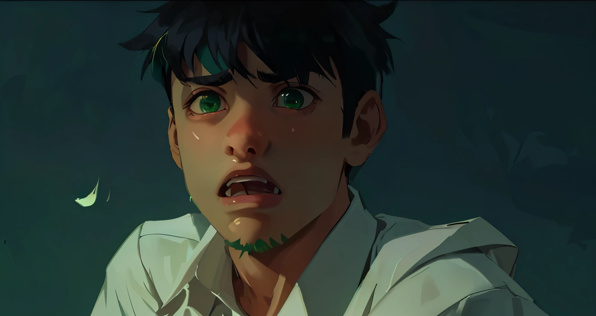 cute 16 year old boy is scared surprised green hair green eyes white shirt with blue collar