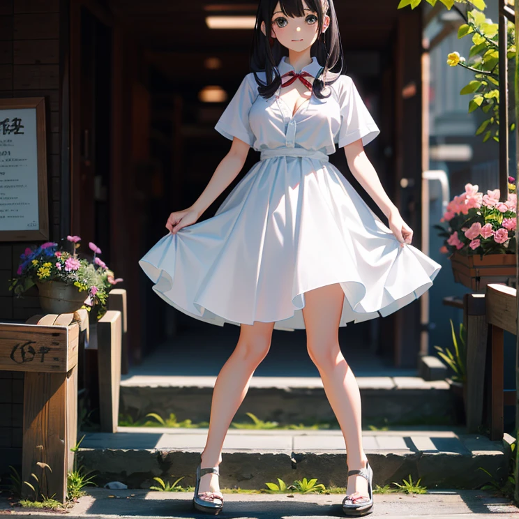masterpiece, highest quality, One Girl, Thighs, beautiful girl, Flowers, たくさんの小さなflowerびら, flower、Small waist, RAWphotograph,Bright lighting、Face Light, Ultra-realistic, High resolution, photograph, Sharp focus, Highly detailed eyes and face,Symmetrical face, whole body、Large Breasts、Long Hair、チラリと見えるThighs、Emphasized cleavage、Her hair was tied with a big red ribbon.、White high heels、White short sleeve shirt、Brown's Best、White flared mini skirt、Going down the transparent slope