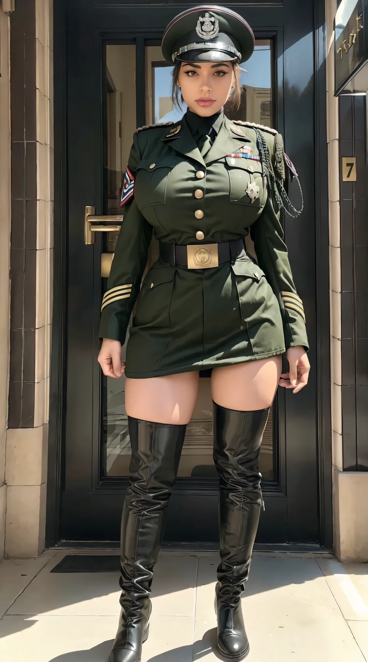 physically-based rendering, 1girl, Female soldier, (huge fake breasts:1.2), (street city), sexy muscular body, slim waist, big buttocks, (Full body:1.3), walking, skintight army skirt, (military uniform:1.3).
