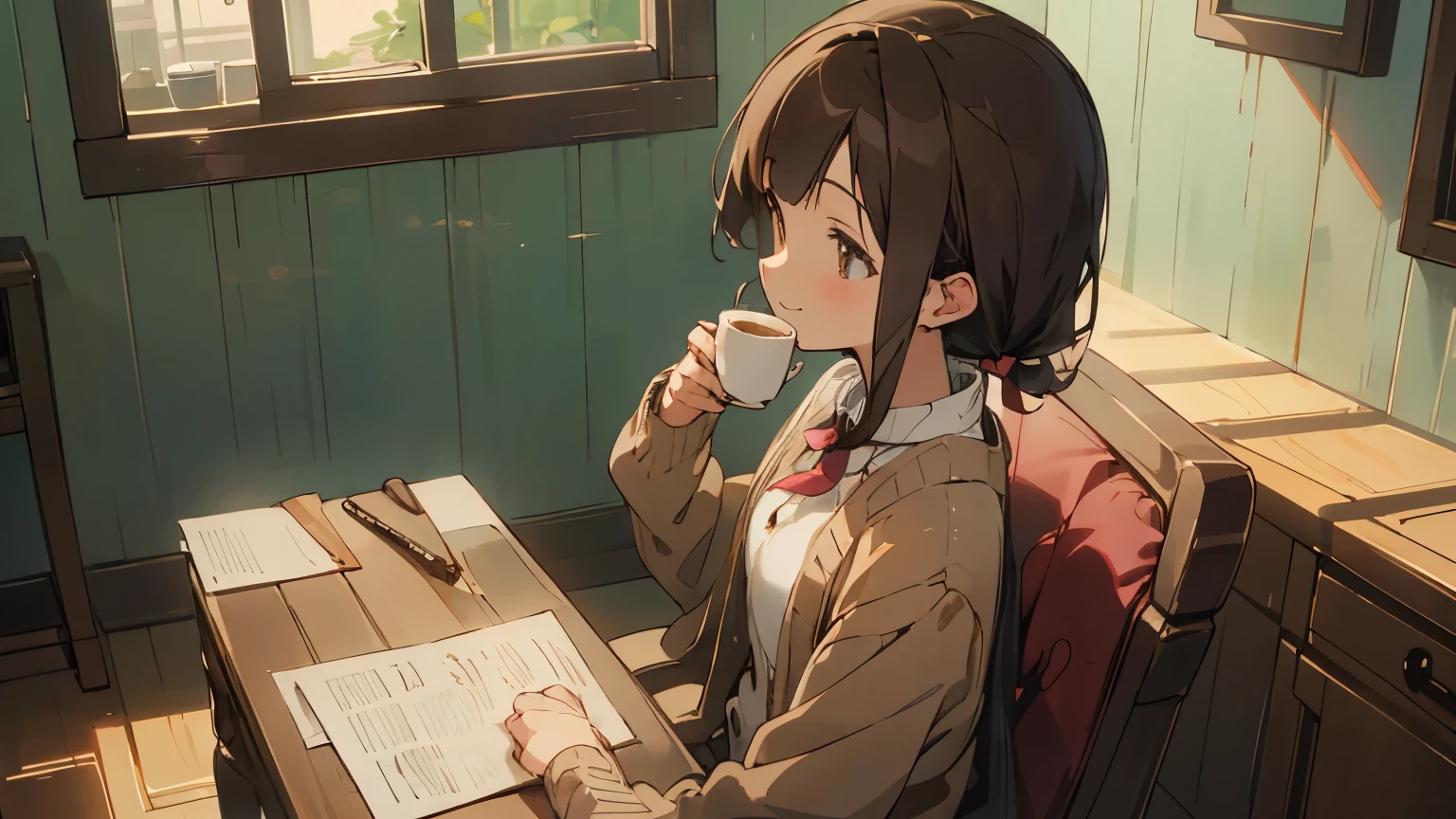 Stylish café、Anime Style、Freshly Brewed Coffee、Delicious looking baked goods、Relaxed atmosphere、Cozy atmosphere、Beautiful girl with dark hair sitting and drinking coffee、Wearing a beige cardigan、smile、Warm Light、Looking away、Ghibli Style