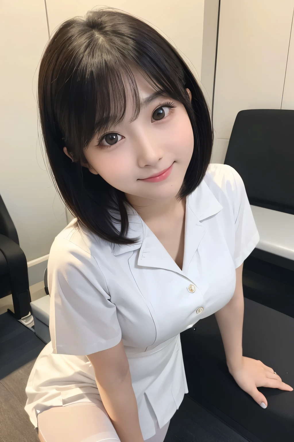 (1 Girl)、(Beautiful Japanese、18years old,round face、Refreshing、clear、seems kind、stylish、Pitiful、cute like an angel、cute、black eyes、,actress,Almond-shaped eyes), Good style , (Beautiful big breasts:1.2),(soft breasts),(very cute),(Black hair),(short bob hair),(enchanting eyes),(highlight on eyes:1.2)、(8K、Live shooting、highest quality、masterpiece:1.2、optimal lighting)、((masterpiece)),(Photo taken by a professional photographer),(real、photo real:1.4),break,{ (White nurse costume),(((taraditional nurse uniform))),(White nurse mini skirt),((White pantyhose)),(cleavage:0.7)},(Smile),(cheeks are red:1.2), break, break,Hospital,Face shot:1.3、Hospital waiting room、Looking at viewer, face close-up,Dynamic angle,leaning forward