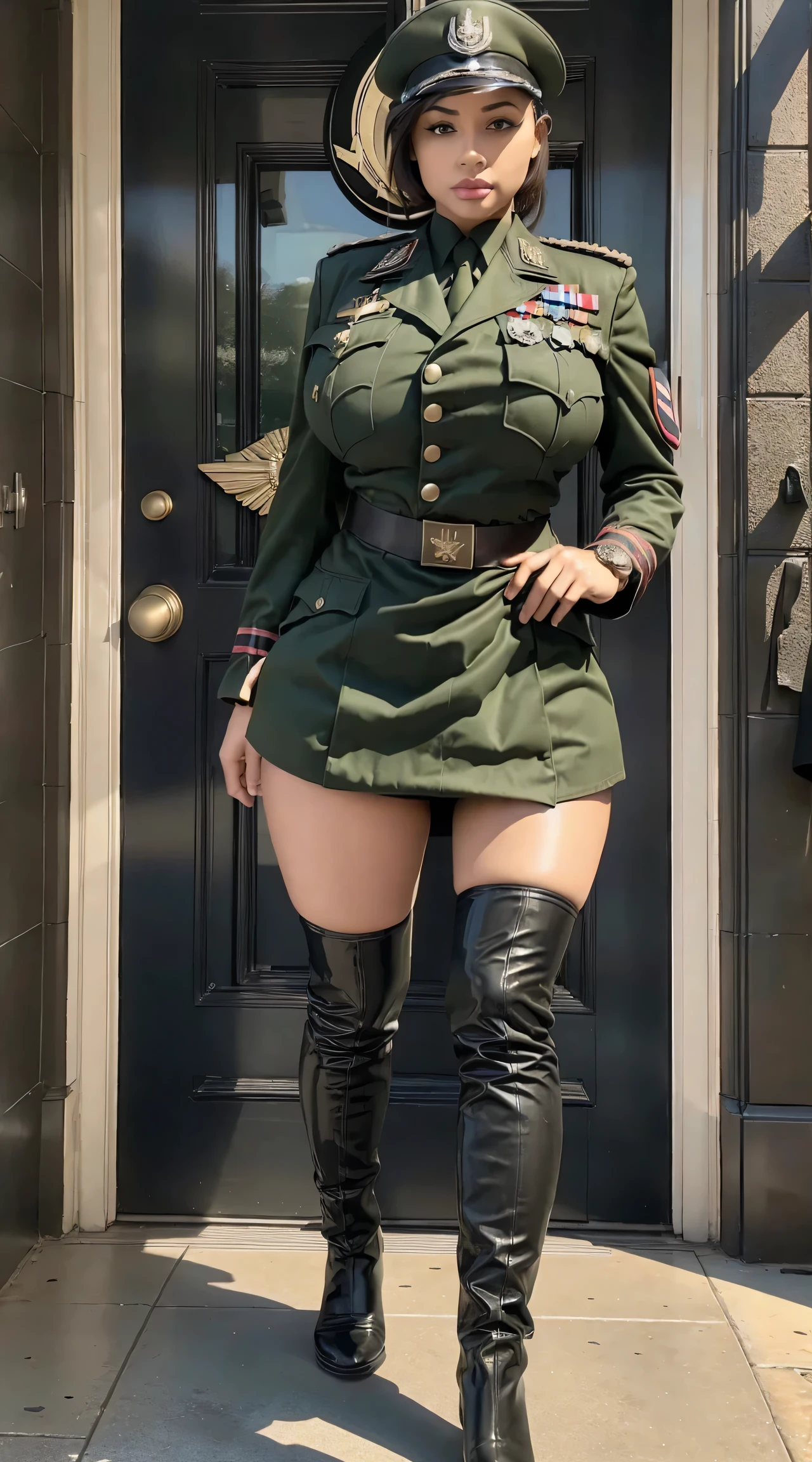 physically-based rendering, 1girl, Female soldier, (huge fake breasts:1.2), (street city), sexy muscular body, slim waist, big buttocks, (Full body:1.3), walking, skintight army skirt, (military uniform:1.3).