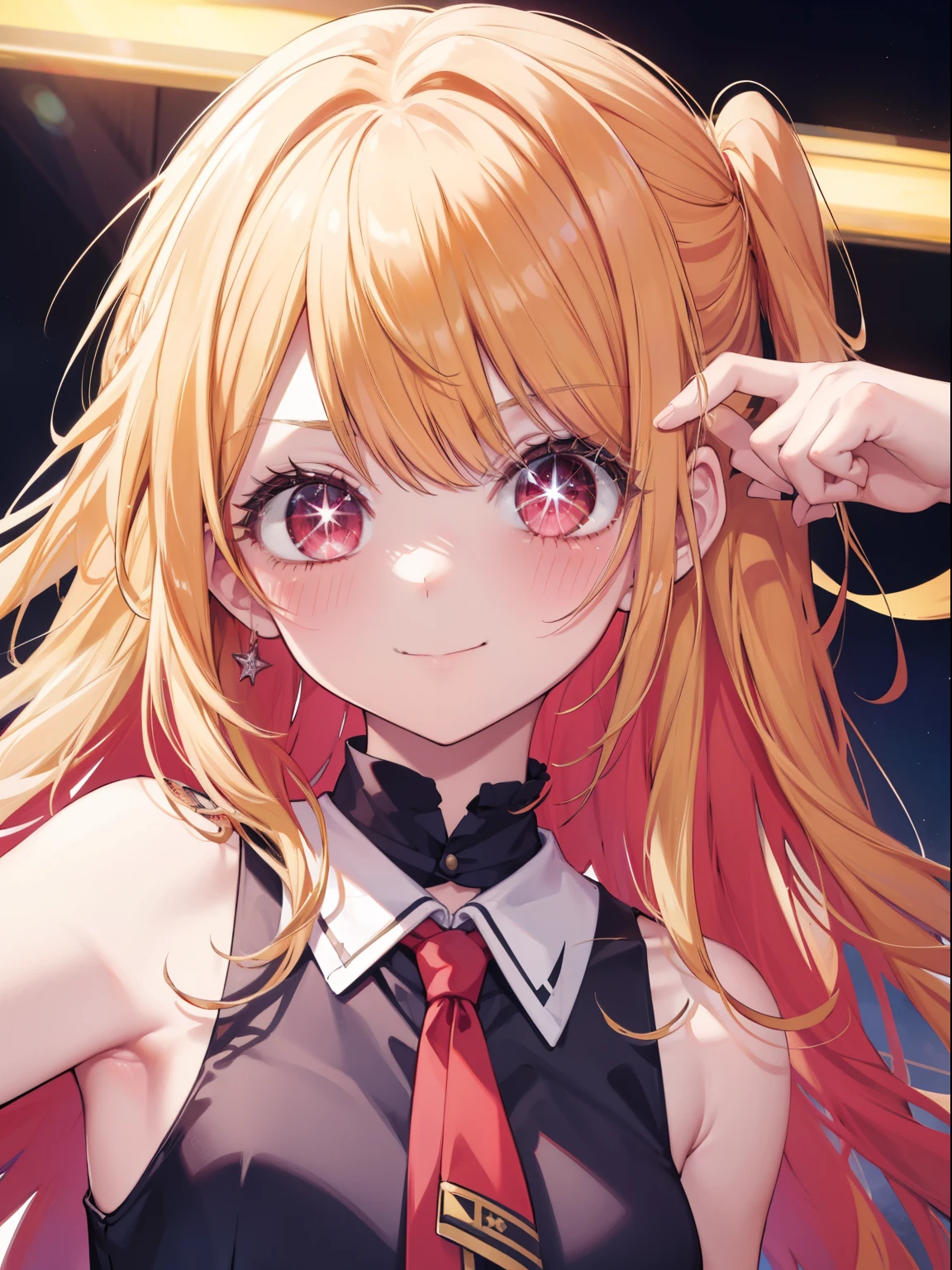 Hoshino Ruby、Good looking girl (Long blonde hair with square bangs, Big Red Eyes, One-eyed star,blush, Perfect Face), independent , looking at the camera, masterpiece, Anime art style, Cute Characters, Most detailed, high quality、Nico Nico Smile、Showing armpits