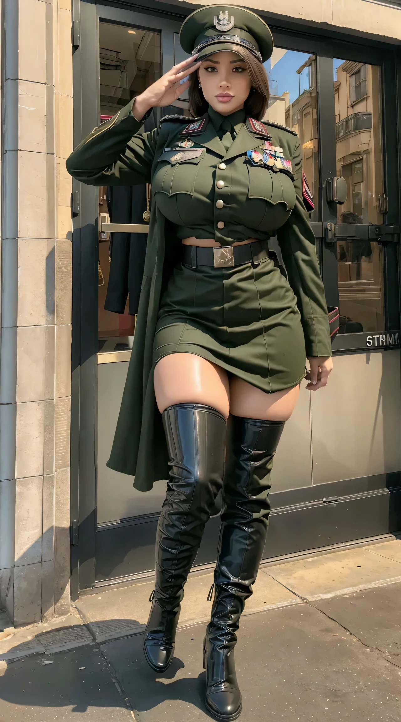 physically-based rendering, 1girl, Female soldier, (huge fake breasts:1.2), (street city), sexy muscular body, slim waist, big buttocks, (Full body:1.3), walking, skintight army skirt, (military uniform:1.3).