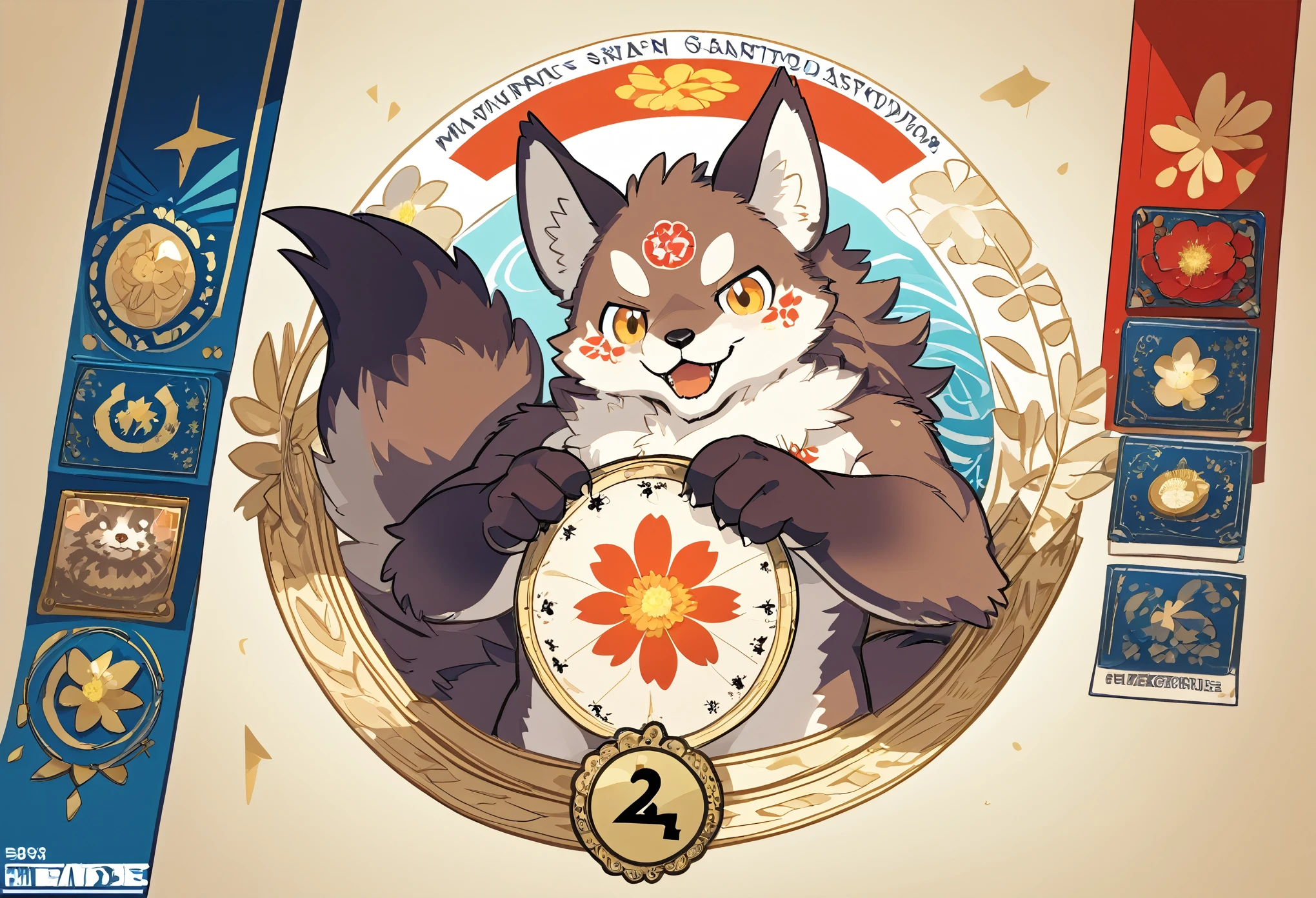 highres, top quality, best quality, paid reward available, High-quality illustrations by Alfons Mucha, unparalleled masterpiece, perfect artwork, absurdres, logo mark, stamp, Geometric pattern, vector-art, masterpiece(kemono, furry anthro)flower,