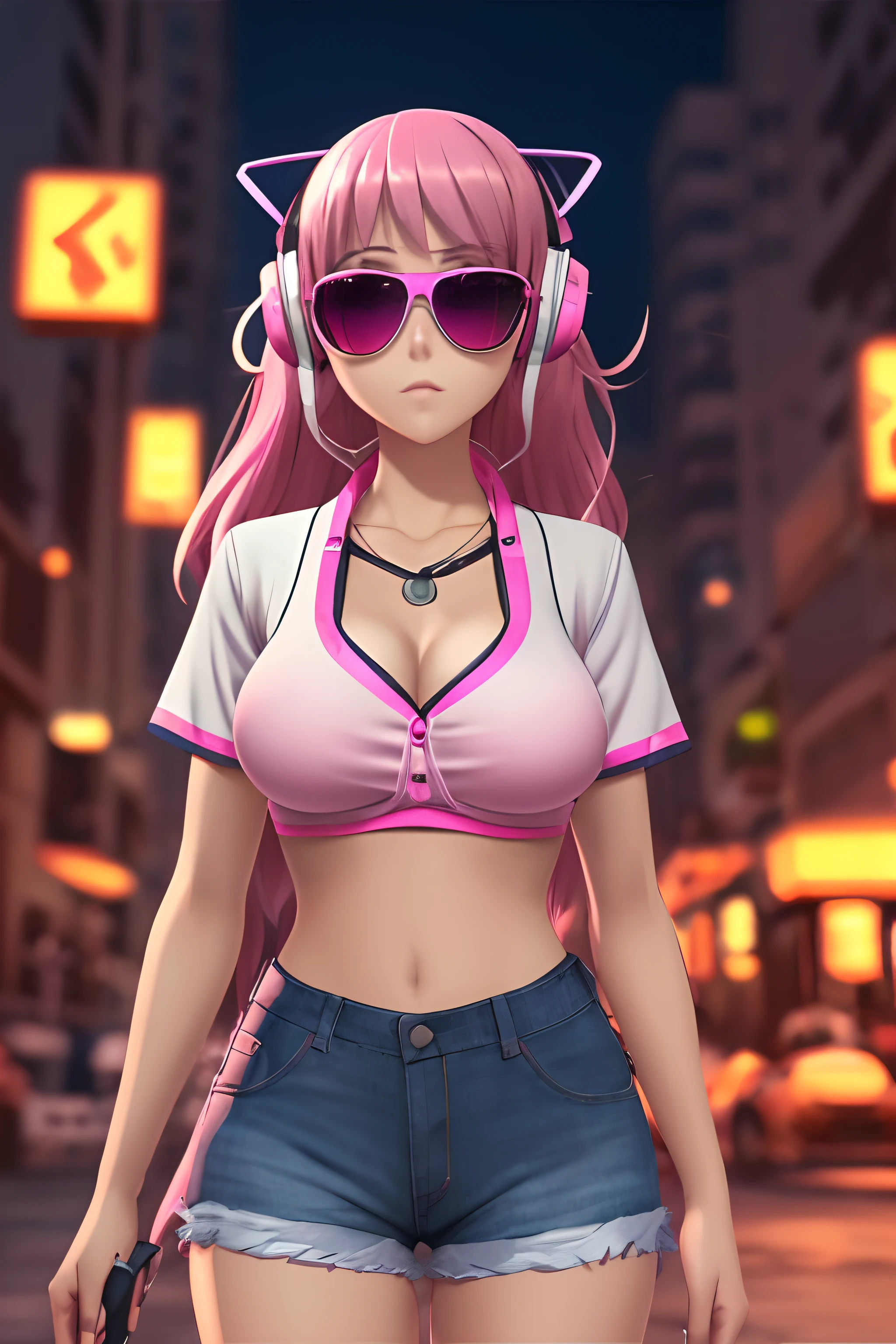 Masterpiece, best quality, (very detailed CG unity 8k wallpaper) (best quality), (best illustration), (best shadows), single female, full body, long pink hair, anime, large breasts, short sleeve button up hawaiian shirt with flowers, jean shorts, cyberpunk, neon, sunglasses, headphones, detailed skin, beautiful face, solo female, neon city, bra showing