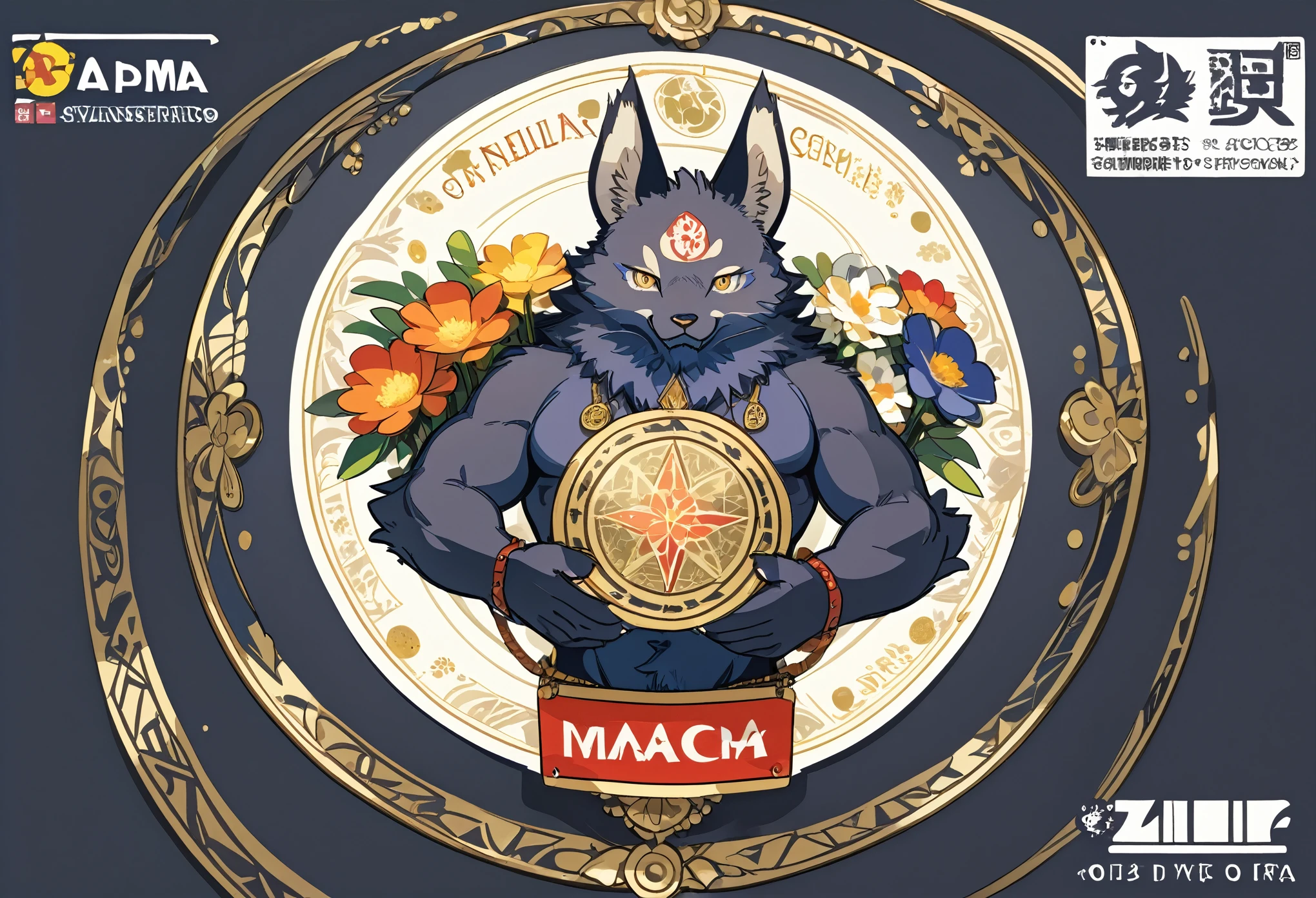 highres, top quality, best quality, paid reward available, High-quality illustrations by Alfons Mucha, unparalleled masterpiece, perfect artwork, absurdres, logo mark, stamp, Geometric pattern, vector-art, masterpiece(kemono, furry anthro)flower,