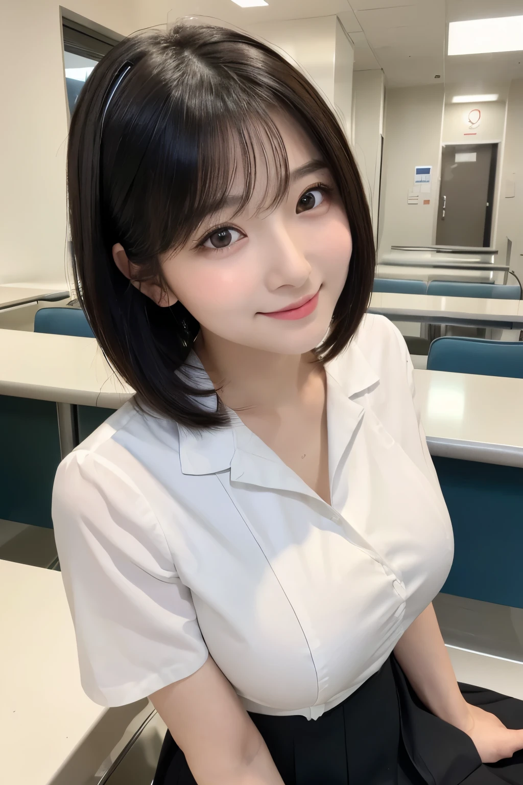 (1 Girl)、(Beautiful Japanese、18years old,round face、Refreshing、clear、seems kind、stylish、Pitiful、cute like an angel、cute、black eyes、,actress,Almond-shaped eyes), Good style , (Beautiful big breasts:1.2),(soft breasts),(very cute),(Black hair),(short bob hair),(enchanting eyes),(highlight on eyes:1.2)、(8K、Live shooting、highest quality、masterpiece:1.2、optimal lighting)、((masterpiece)),(Photo taken by a professional photographer),(real、photo real:1.4),break,{ (White nurse costume),(((taraditional nurse uniform))),(White nurse mini skirt),((White pantyhose)),(cleavage:0.7)},(Smile),(cheeks are red:1.2), break, break,Hospital,Face shot:1.3、Hospital cafeteria、Looking back at viewer, face close-up,Dynamic angle,