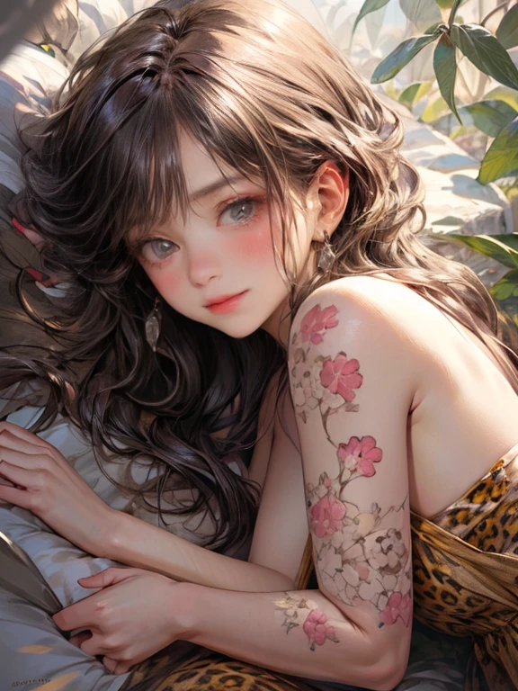 masterpiece:1.2, top quality, 8k, highres, ultra-realistic:1.37, beautiful ultra-detailed:1.2, a woman(naked+leopard print body painted:1.2), effortlessly blending into the wild with no clothes on, lying, beautiful delicate long eyelash beautiful delicate eyes, beautiful delicate pupils, sparkling eyes, beautiful delicate lips, shining lips, beautiful delicate dress, gentle smile, fullbody shot,