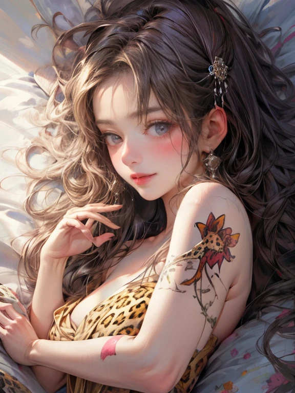 masterpiece:1.2, top quality, 8k, highres, ultra-realistic:1.37, beautiful ultra-detailed:1.2, a woman(naked+leopard print body painted:1.2), effortlessly blending into the wild with no clothes on, lying, beautiful delicate long eyelash beautiful delicate eyes, beautiful delicate pupils, sparkling eyes, beautiful delicate lips, shining lips, beautiful delicate dress, gentle smile, fullbody shot,