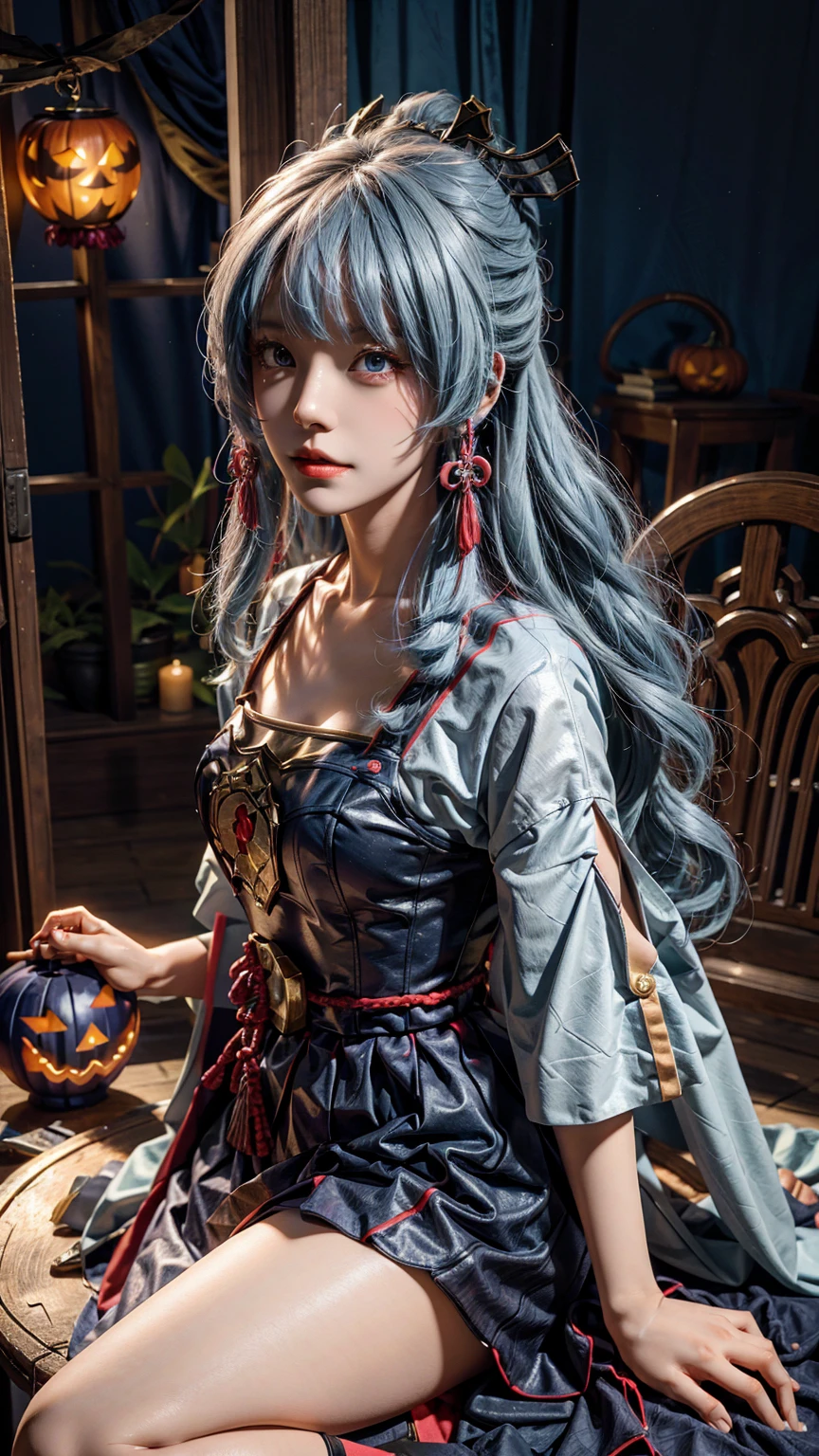 A girl,cosplaying Ayaka from the game Genshin impact, with a Halloween background, sitting,full body, pumpkin lantern, highest quality (best quality, masterpiece:1.1) and has a realistic appearance (realistic:1.4),pale white-blue hair,The focus is on the detailed depiction of the girl's face, specifically her beautiful eyes, detailed lips, and long eyelashes. The girl is dressed in a cosplay costume of the character Ayaka from Genshin impact, and the scene is set against a Halloween-themed background. The colors of the portrait are vibrant and vivid. The lighting is well-balanced, highlighting the girl's features and creating a visually appealing atmosphere,UHD, masterpiece, super detail, high quality, best quality, highres, 4K, 8k, anatomically correct, super detail