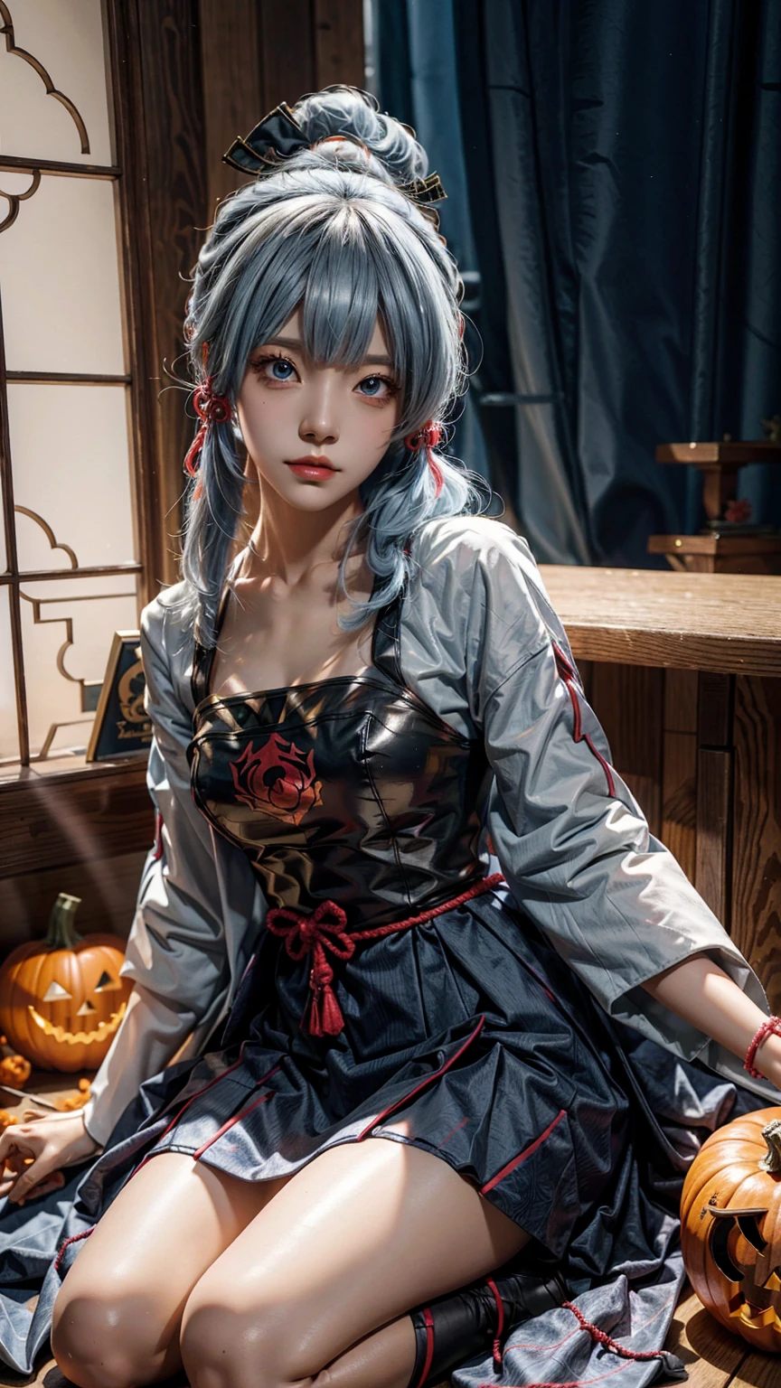 A girl,cosplaying Ayaka from the game Genshin impact, with a Halloween background, sitting,full body, pumpkin lantern, highest quality (best quality, masterpiece:1.1) and has a realistic appearance (realistic:1.4),pale white-blue hair,The focus is on the detailed depiction of the girl's face, specifically her beautiful eyes, detailed lips, and long eyelashes. The girl is dressed in a cosplay costume of the character Ayaka from Genshin impact, and the scene is set against a Halloween-themed background. The colors of the portrait are vibrant and vivid. The lighting is well-balanced, highlighting the girl's features and creating a visually appealing atmosphere,UHD, masterpiece, super detail, high quality, best quality, highres, 4K, 8k, anatomically correct, super detail