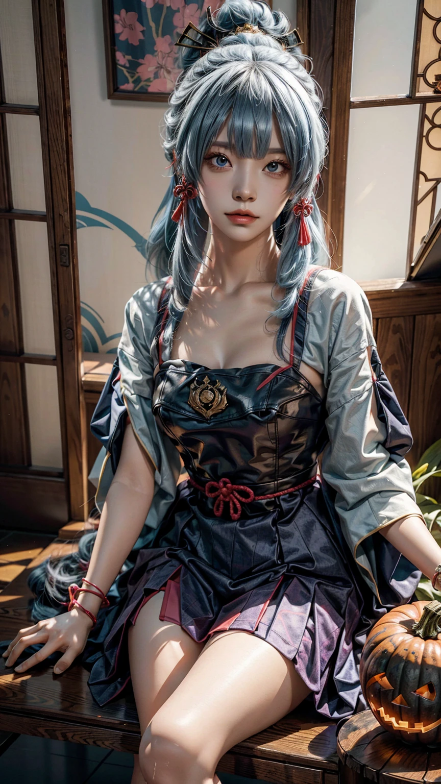 A girl,cosplaying Ayaka from the game Genshin impact, with a Halloween background, sitting,full body, pumpkin lantern, highest quality (best quality, masterpiece:1.1) and has a realistic appearance (realistic:1.4),pale white-blue hair,The focus is on the detailed depiction of the girl's face, specifically her beautiful eyes, detailed lips, and long eyelashes. The girl is dressed in a cosplay costume of the character Ayaka from Genshin impact, and the scene is set against a Halloween-themed background. The colors of the portrait are vibrant and vivid. The lighting is well-balanced, highlighting the girl's features and creating a visually appealing atmosphere,UHD, masterpiece, super detail, high quality, best quality, highres, 4K, 8k, anatomically correct, super detail