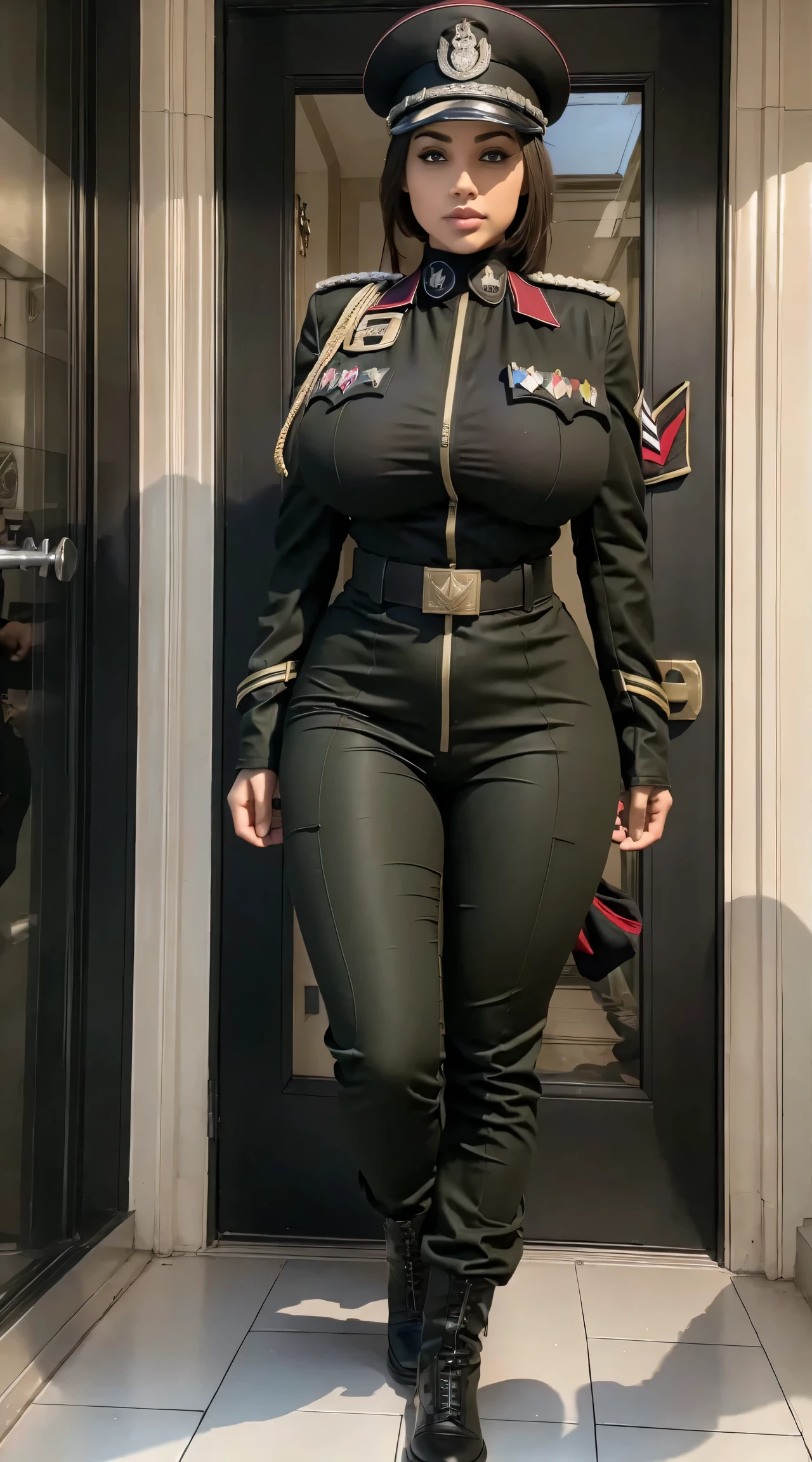 physically-based rendering, 1girl, Female soldier, (huge fake breasts:1.2), (street city), sexy muscular body, slim waist, big buttocks, (Full body:1.3), walking, skintight army pants, (military uniform:1.3), huge brests, tight clothes