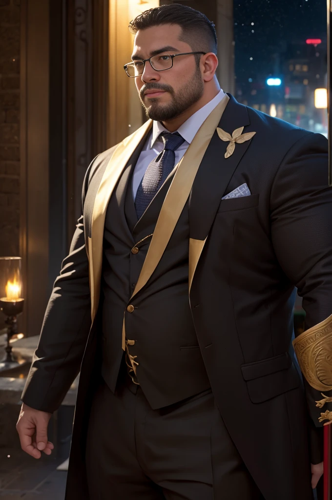 george pei, best quality, masterpiece, ultra high resolution, Detailed background, realism, illustration, single, male, 40 years old, muscle, round face, stocky body, fat figure,Lipid-wrapped muscle,Volumetric lighting, depth of field, beard, black suit, medieval clothing,light particles, convex, starry sky, Short dark blonde hair, perfect eyes, Soaked, Sexy, male, burly, strong, Formal wear, magic light