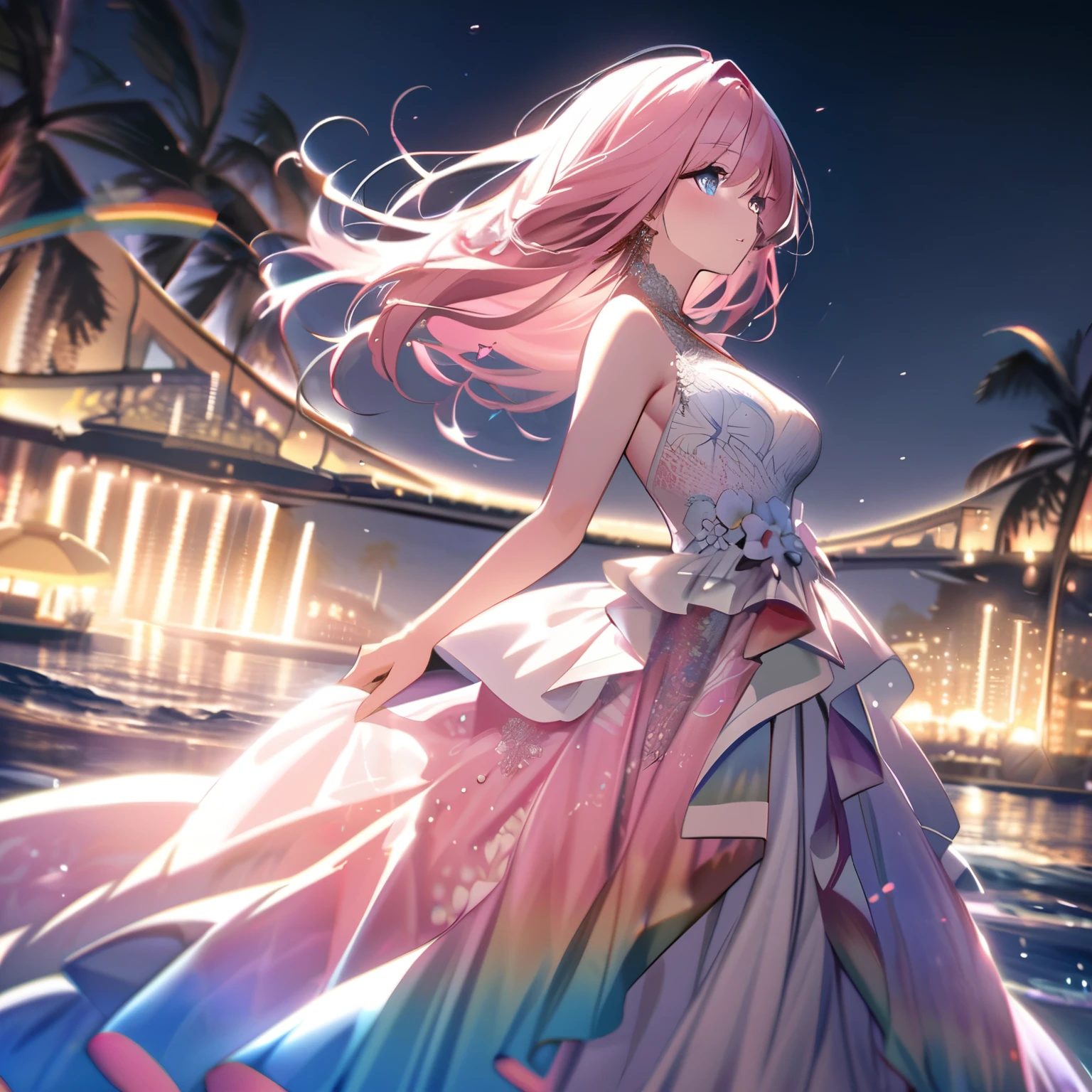 ``A beautiful woman with long pink hair and beautiful eyes wearing an elegant and detailed hawaiian dress.The dress must have intricate designs and patterns to give it a luxurious and luxurious feel.In the background , the image should depict a romantic Hawaiian beach at night with light reflecting off the water and an illuminated bridge across the scene, emphasizing the sparkling effects and rainbows throughout the image. Enhance your look and add special ruffles to your dress to make it stand out.”