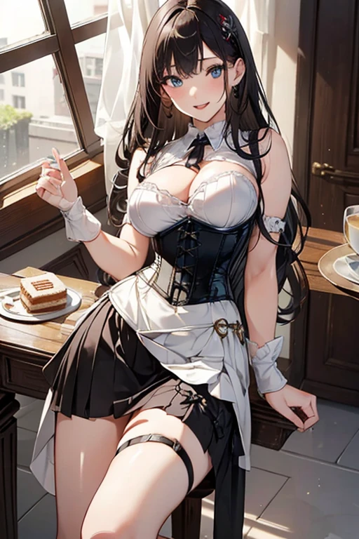 (medium breasts:0.6),(from above:1.2), ((cute Face)), (Close-Up:0.4), (( eat a cake and have a coffee)),highest quality、(real、photorealistic:1.4),(ultra high resolution, 8K RAW photo, clear focus), best qualtiy, natural lighting, field depth, (Bright pupils, detailed beautiful eyes, high detailed face), Red lip, (tight focus:1.2, from below:1.2), sexy posing, erotic cute,cooking Research Institutes(beautiful and luxurious:1.2),(double breasted:1.0,under bust:1.0), gap between buttons,(((corset belt))),(((high waist skirt,))) seductive weak smiling,(with sparkling eyes and a contagious smile),open mouth, Looking at Viewer