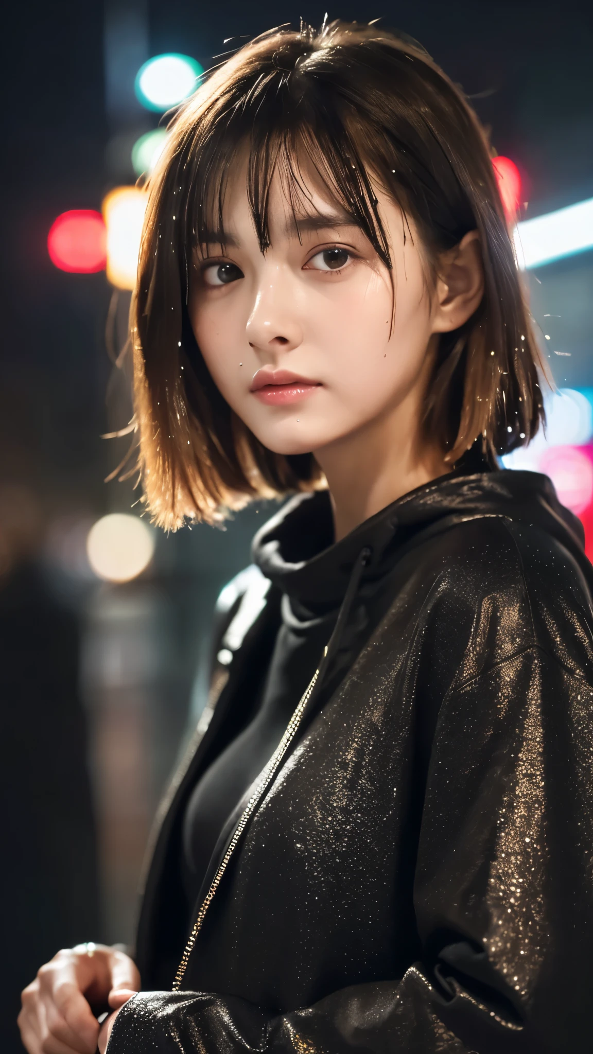 (8k, highest quality, masterpiece: 1.4), Super detailed, highest quality, Ultra-high resolution, Depth of written boundary,(Photorealistic:1.4,RAW shooting,)Ultra-Realistic Capture,(Very detailed,High definition 16K), cute, girl, Brown Hair, Short Hair, (In town:1.4), (Wet Hair:1.4), (Night lights:1.4), (Tokyo Street:1.4), (Black clothes:1.4), 18-year-old female, Glaring at the camera