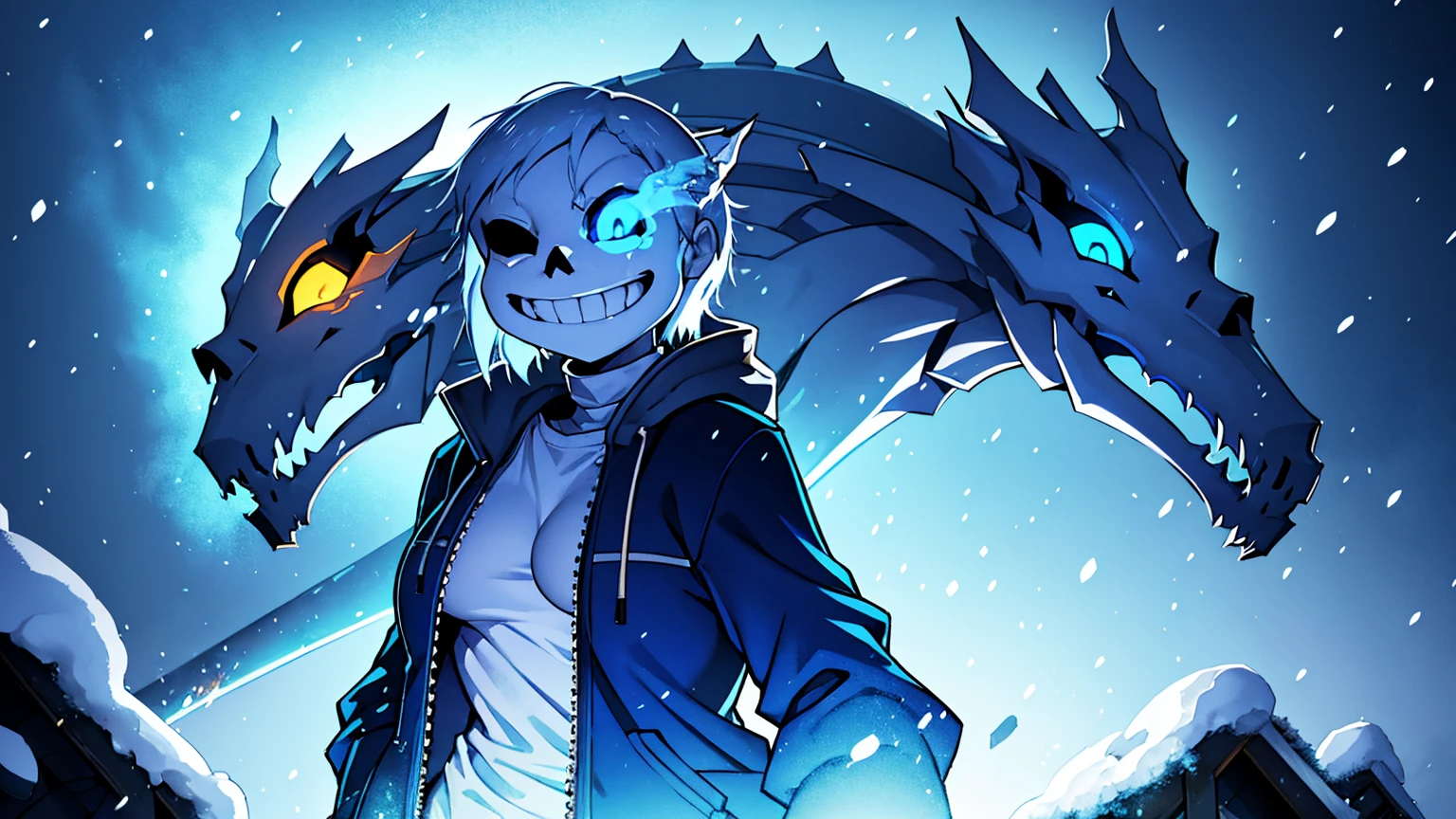 Toby Fox Undertale Sans blue jacket white shirt,Fire eyes skull smile white short hair glowing sexy dragon skull cannon one standing in the snow town Femininefull big breast breast enlargement full-body shot illustration, ultra-detailed, HDR, vibrant colors, soft lighting
