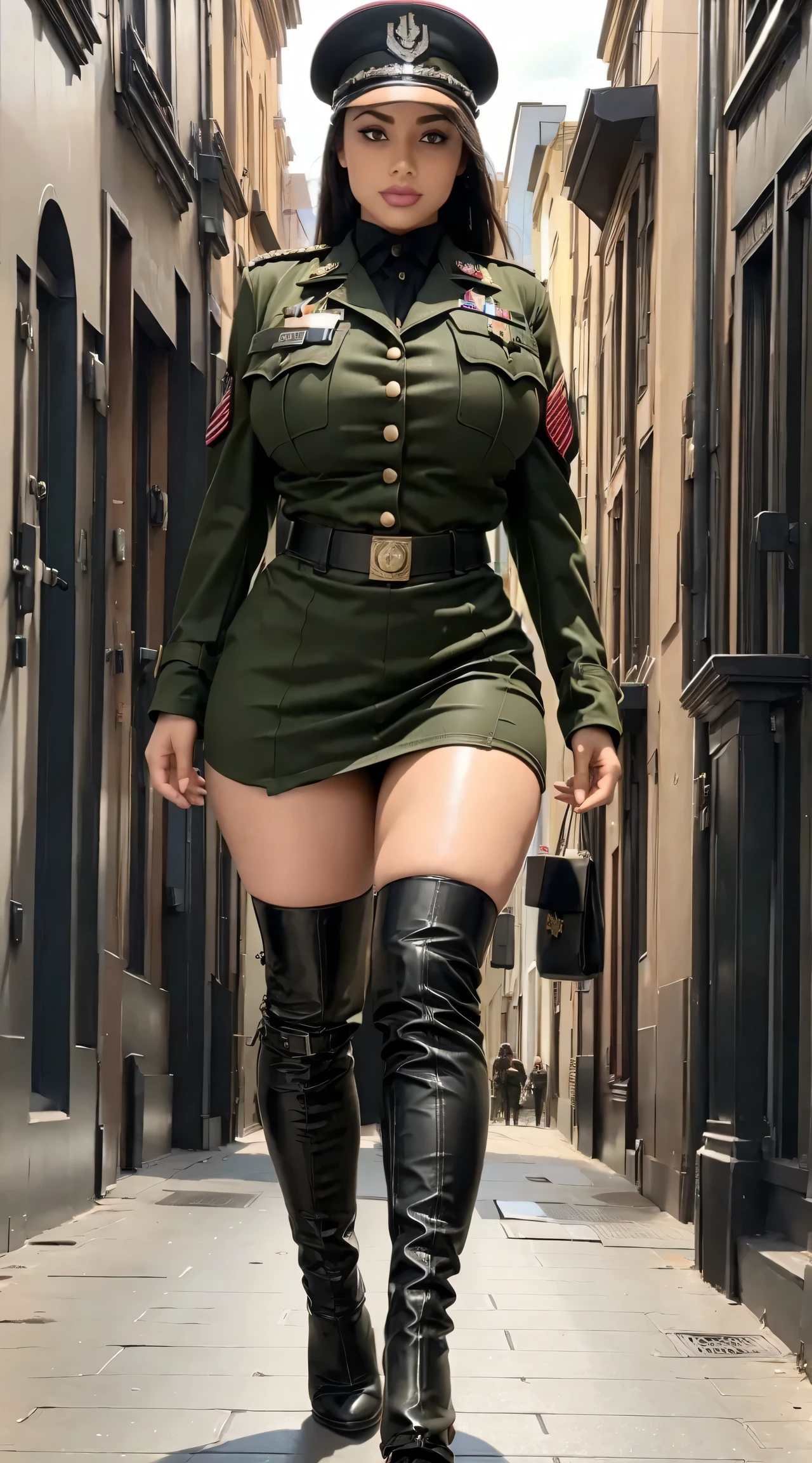 physically-based rendering, 1girl, Female soldier, (huge fake breasts:1.2), (street city), sexy muscular body, slim waist, big buttocks, (Full body:1.3), walking, skintight army skirt, (military uniform:1.3).