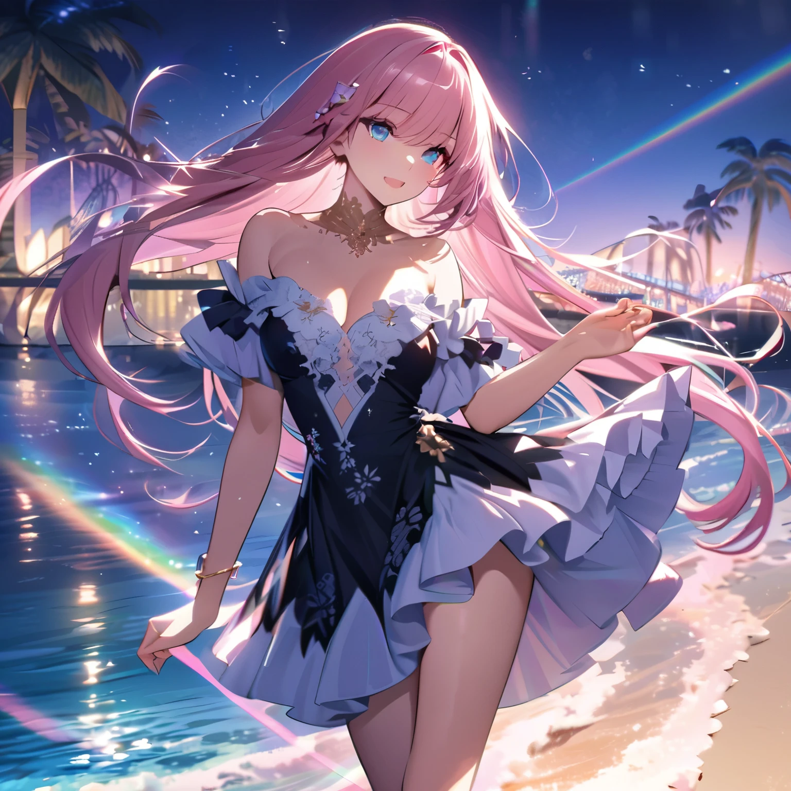``A beautiful woman with long pink hair and beautiful eyes wearing an elegant and detailed hawaiian dress.The dress must have intricate designs and patterns to give it a luxurious and luxurious feel.In the background , the image should depict a romantic Hawaiian beach at night with light reflecting off the water and an illuminated bridge across the scene, emphasizing the sparkling effects and rainbows throughout the image. Enhance your look and add special ruffles to your dress to make it stand out.”