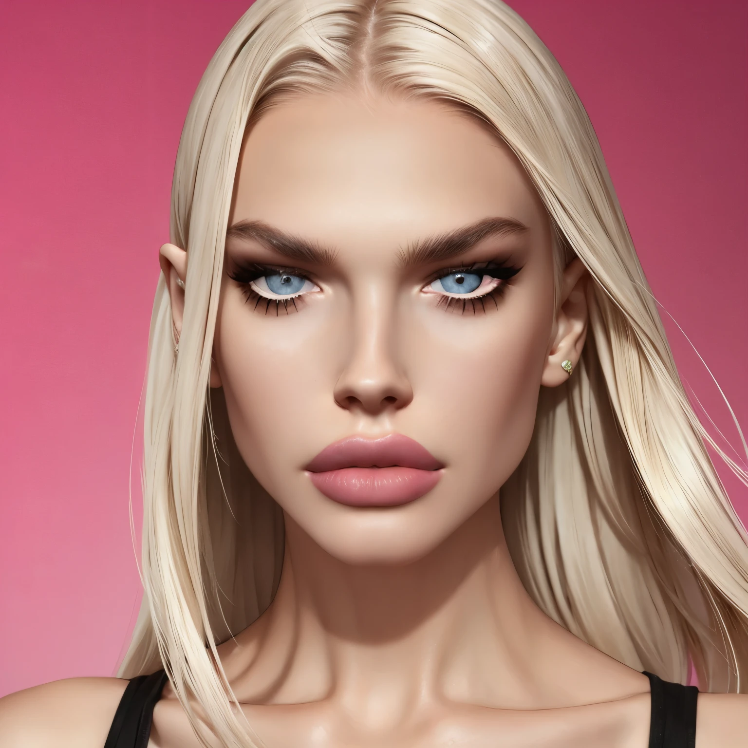 boy avatar, andrej pejic, long hair, gray eyes, sharp features, white skin, bimbo lips, pink lipstick, sexy look.