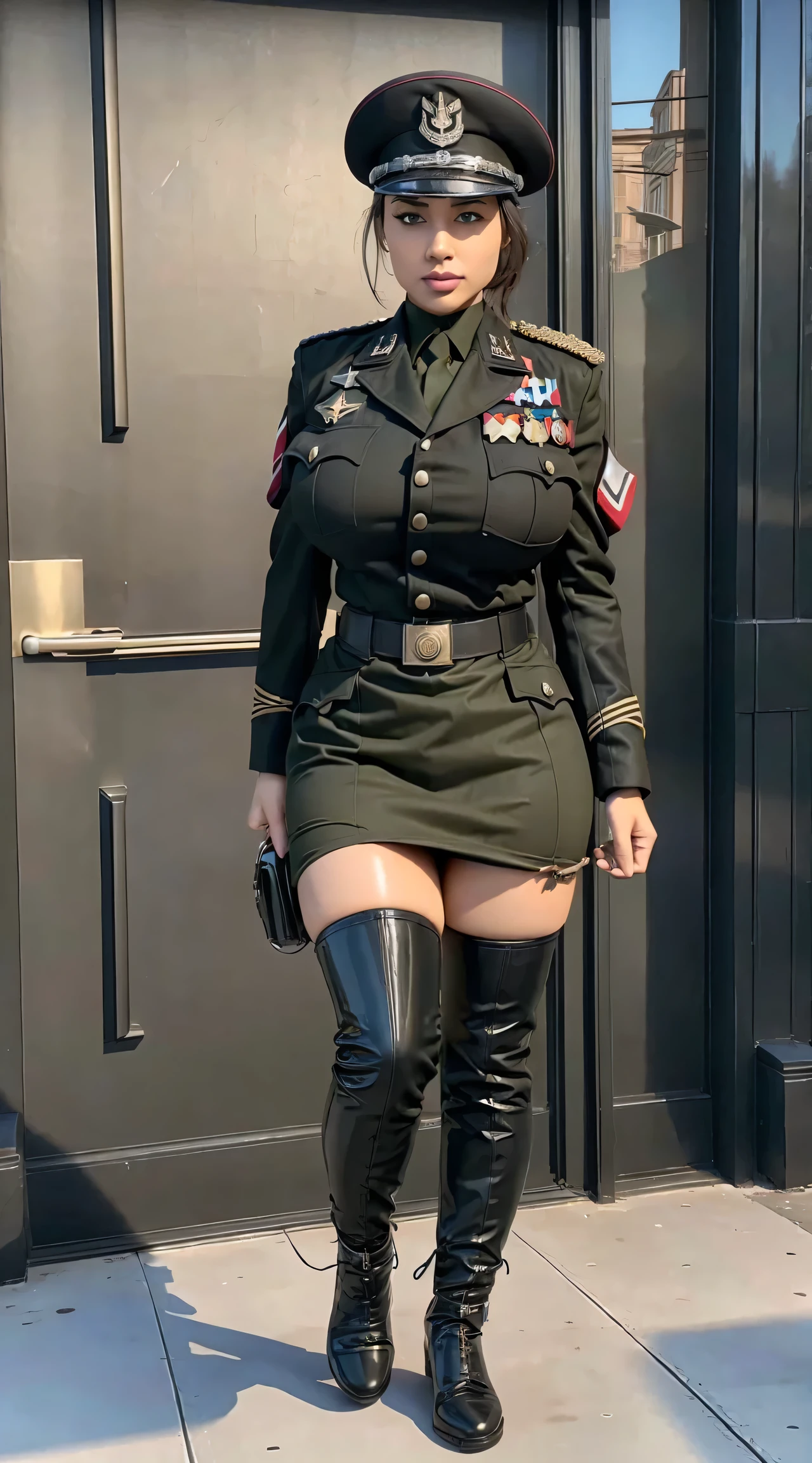 physically-based rendering, 1girl, Female soldier, (huge fake breasts:1.2), (street city), sexy muscular body, slim waist, big buttocks, (Full body:1.3), walking, skintight army skirt, (military uniform:1.3).