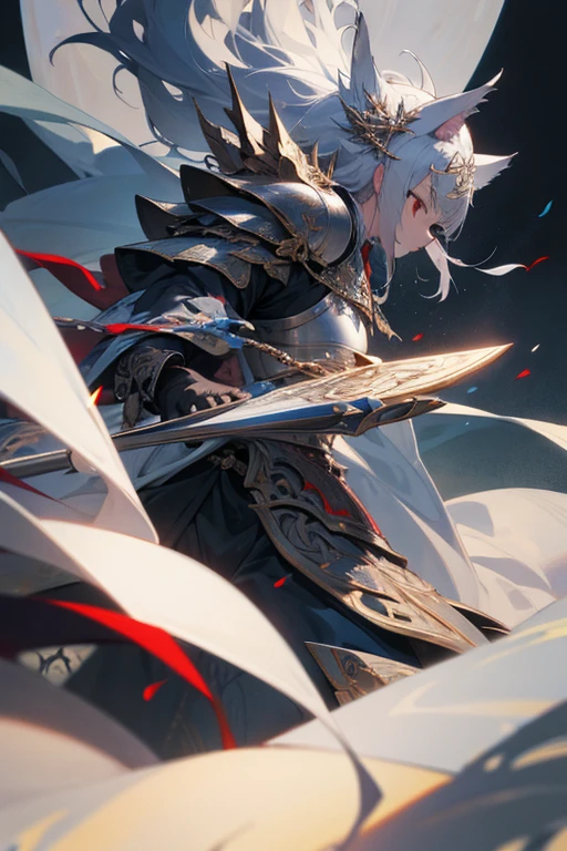 Masterpiece、Wolf Knight, Fine Armor, Intricate Design, Silver, silk,8K, sharp、View your viewers、Red eyes、Create while keeping this image in mind、