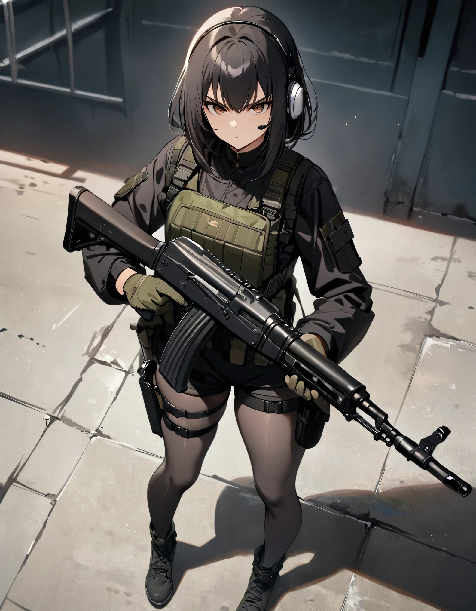 (masterpiece, best quality, high quality, highres, ultra-detailed), 1girl, muslim, brown eyes, full body, gloves, black hair, serious, stoic, headset, holster, kochiy sanae, solo, suppressor, thigh holster, thigh strap, trigger discipline, weapon, medium hair, matching grey pantyhose, black shorts, tights. (using an AK-47).