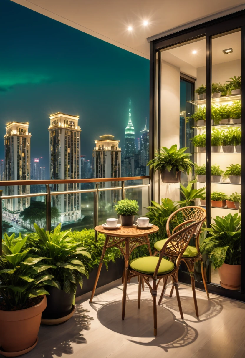 E-commerce photography scene pictures, chairs, glass windows,city night,balconies, dimlight, green plants, warm furniture decorations, high-definition photography, (masterpiece, best quality, Professional, perfect composition, very aesthetic, absurdres, ultra-detailed, intricate details:1.3)