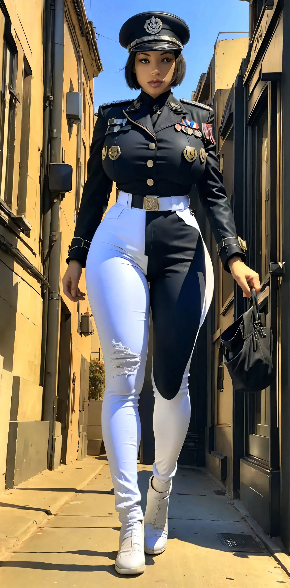 physically-based rendering, 1girl, Female soldier, (bob hair), (huge fake breasts:1.3), (street city), sexy muscular body, slim waist, big buttocks, (Full body:1.3), walking, skintight white army pants, (white military uniform), huge breasts
