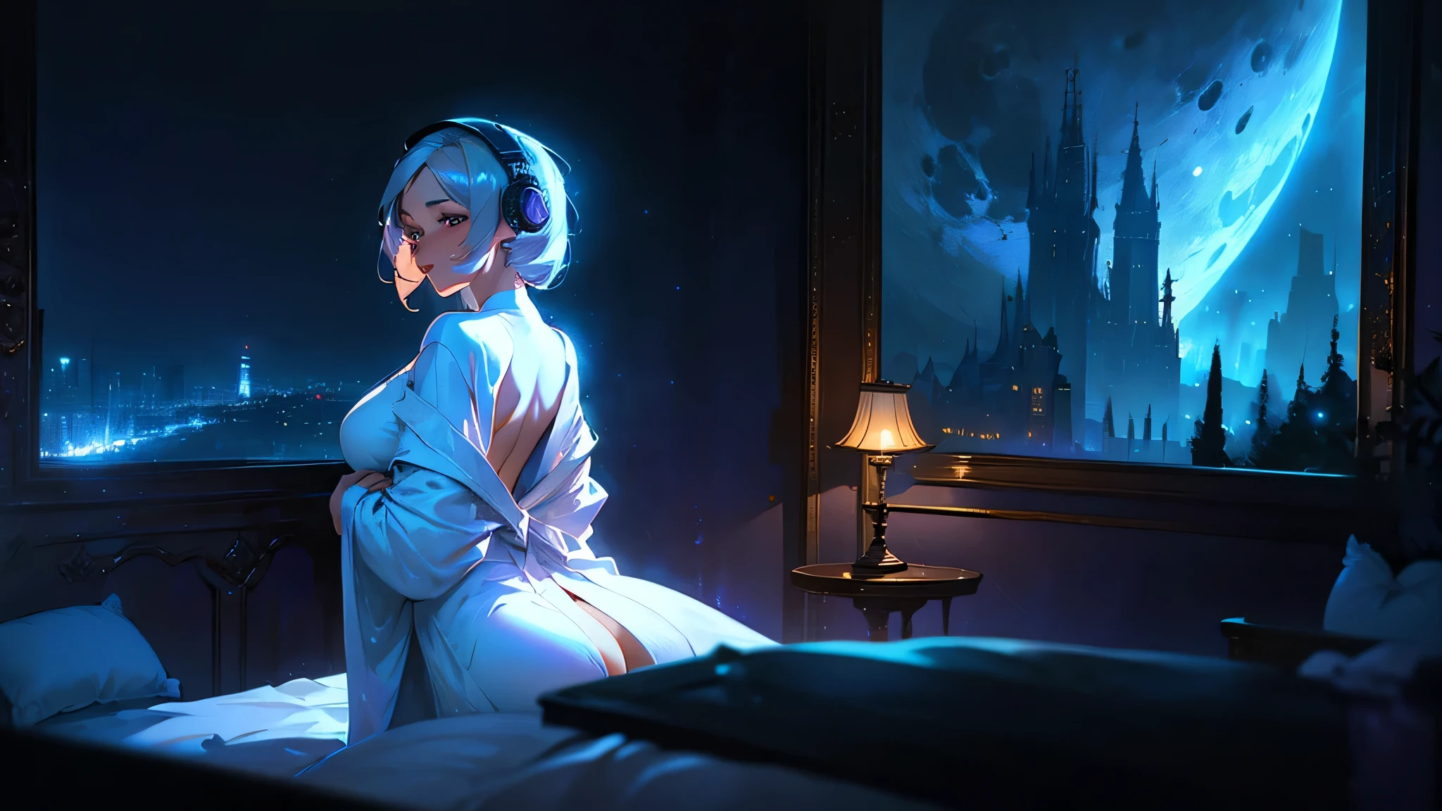 A woman wearing a white bathrobe and headphones is lying on her bed、A beautiful night view behind、Big Breasts、sexy、Room with a night view、Moonlight、Unbuttoned、Beautiful woman looking back、Butt、Beautiful buttocks、Downlight、full moon、Stylish room with fireplace、Silver Hair、Half naked