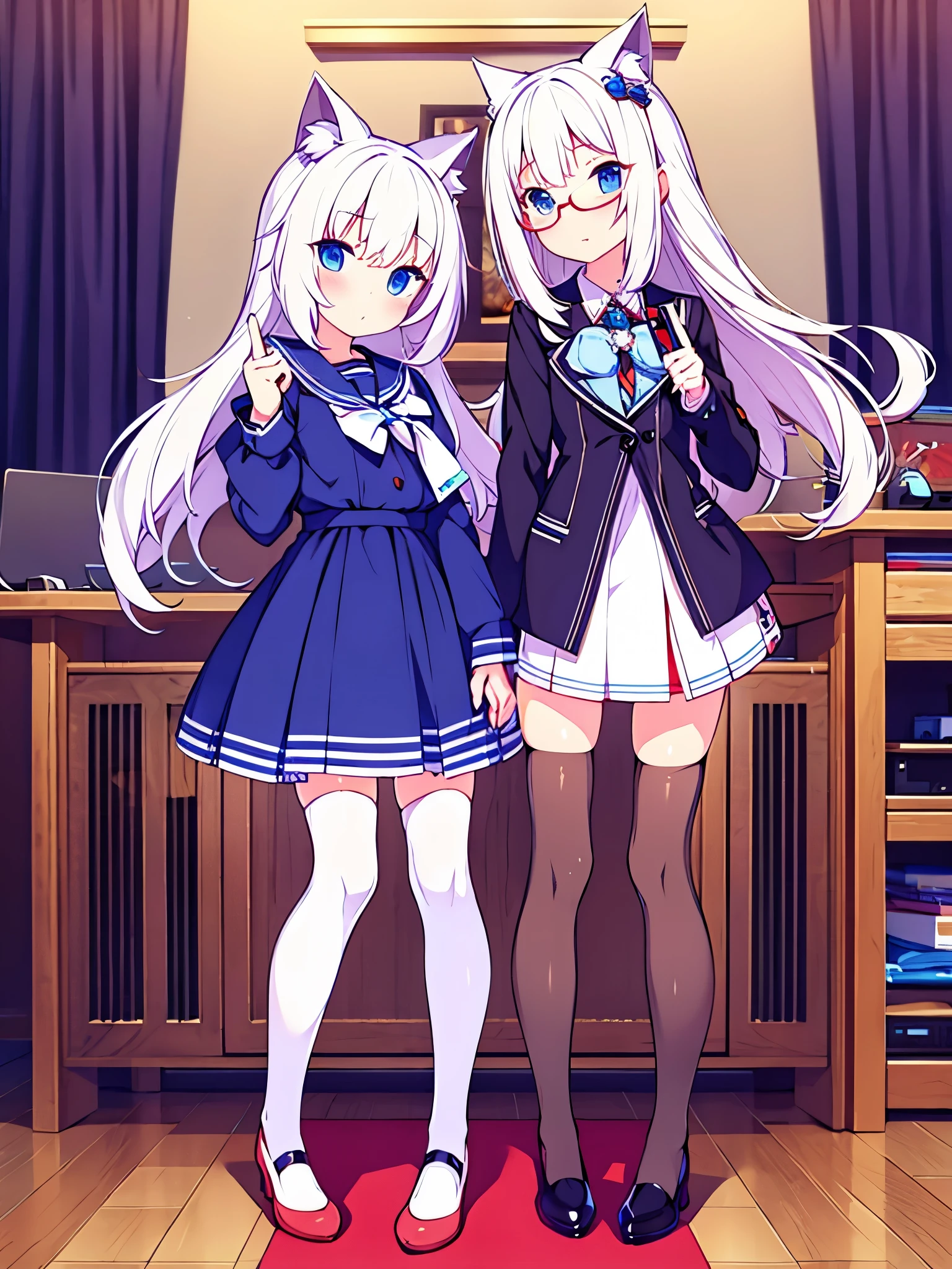 Vtuber lovely cute beautiful cat ears white hair Short skirt dress blue eyes Stockings on legs Glasses in room with a console controller in her hand  broche gamer en su cabeza  full body 