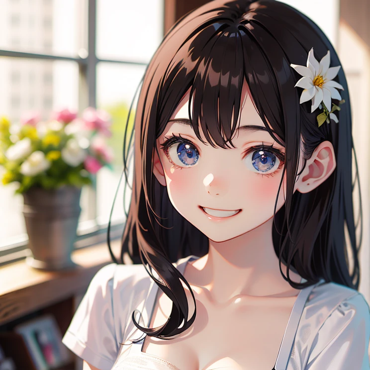 masterpiece, highest quality, One Girl, Thighs, beautiful girl, Flowers, たくさんの小さなflowerびら, flower、Small waist, RAWphotograph,Bright lighting、Face Light, Ultra-realistic, High resolution, photograph, Sharp focus, Highly detailed eyes and face,Symmetrical face, whole body、Large Breasts、Long Hair、チラリと見えるThighs、Emphasized cleavage、Her hair was tied with a big red ribbon.、White high heels、White short sleeve shirt、Brown's Best、White flared micro mini skirt、Embarrassed、smile、Happy smile