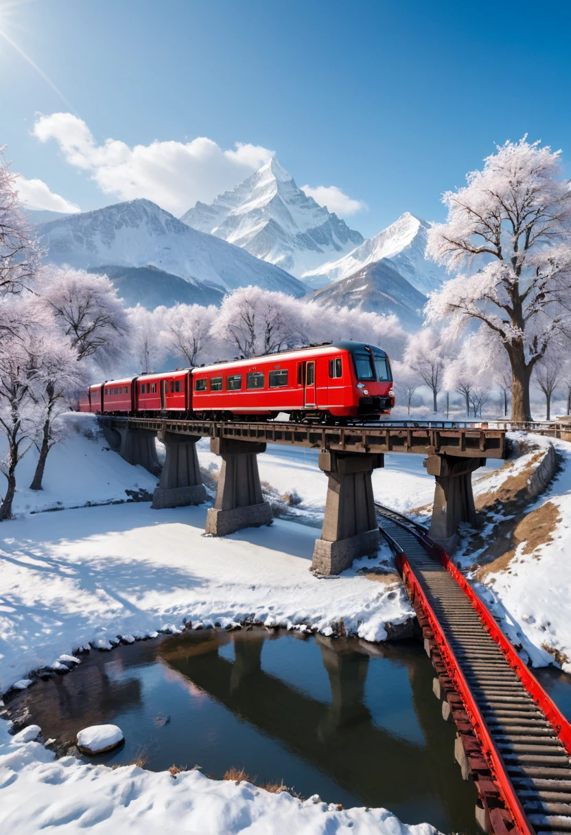 winter, snow, red train, outdoors, sky, tree, traditional media, grass, ground vehicle, building, scenery, bridge, (masterpiece, best quality, Professional, perfect composition, very aesthetic, absurdres, ultra-detailed, intricate details:1.3)