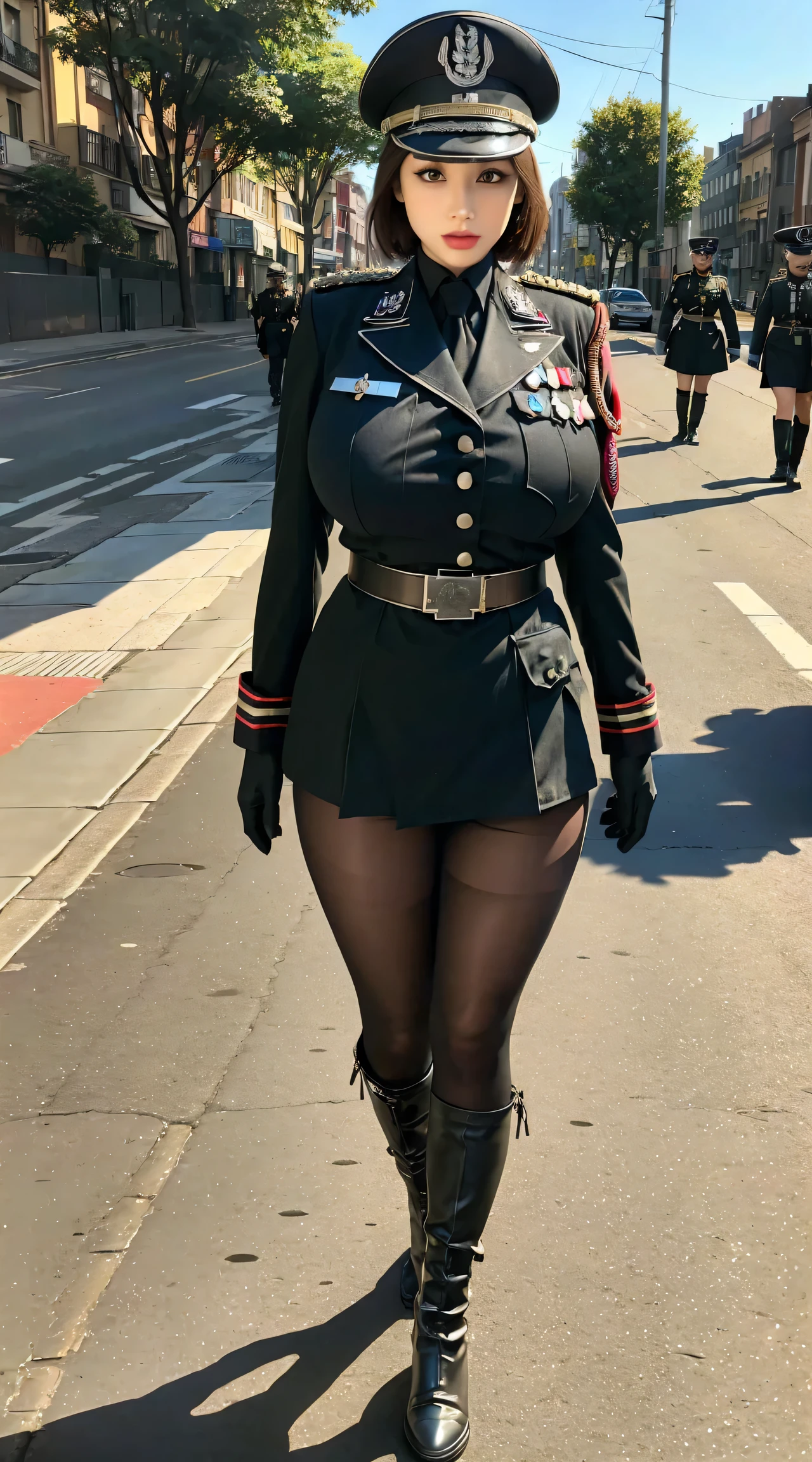 physically-based rendering, 1girl, Female soldier, (huge fake breasts:1.2), (street city), sexy muscular body, slim waist, big buttocks, (Full body:1.3), walking, skintight army skirt, (military uniform:1.3).