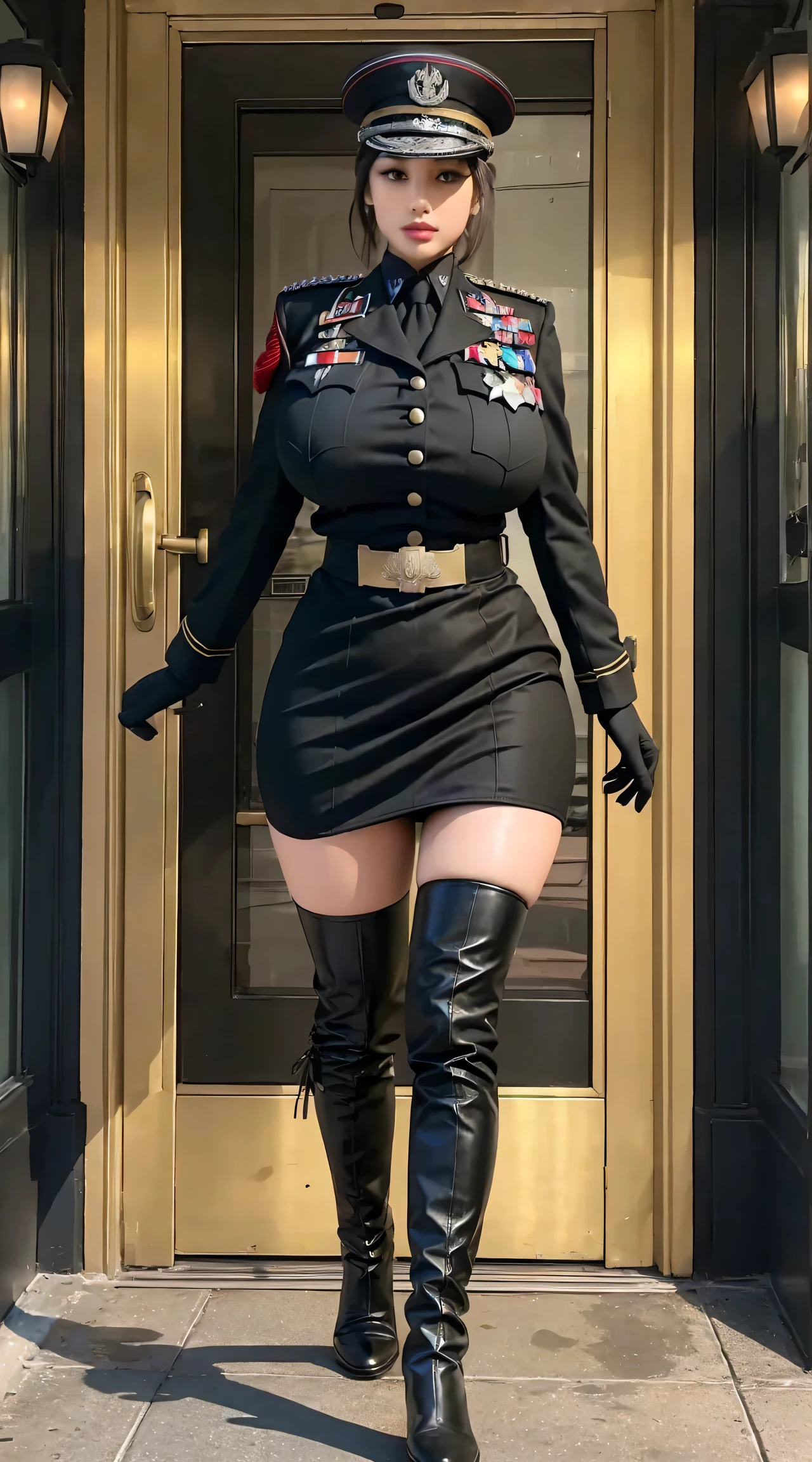 physically-based rendering, 1girl, Female soldier, (huge fake breasts:1.2), (street city), sexy muscular body, slim waist, big buttocks, (Full body:1.3), walking, skintight army skirt, (military uniform:1.3).