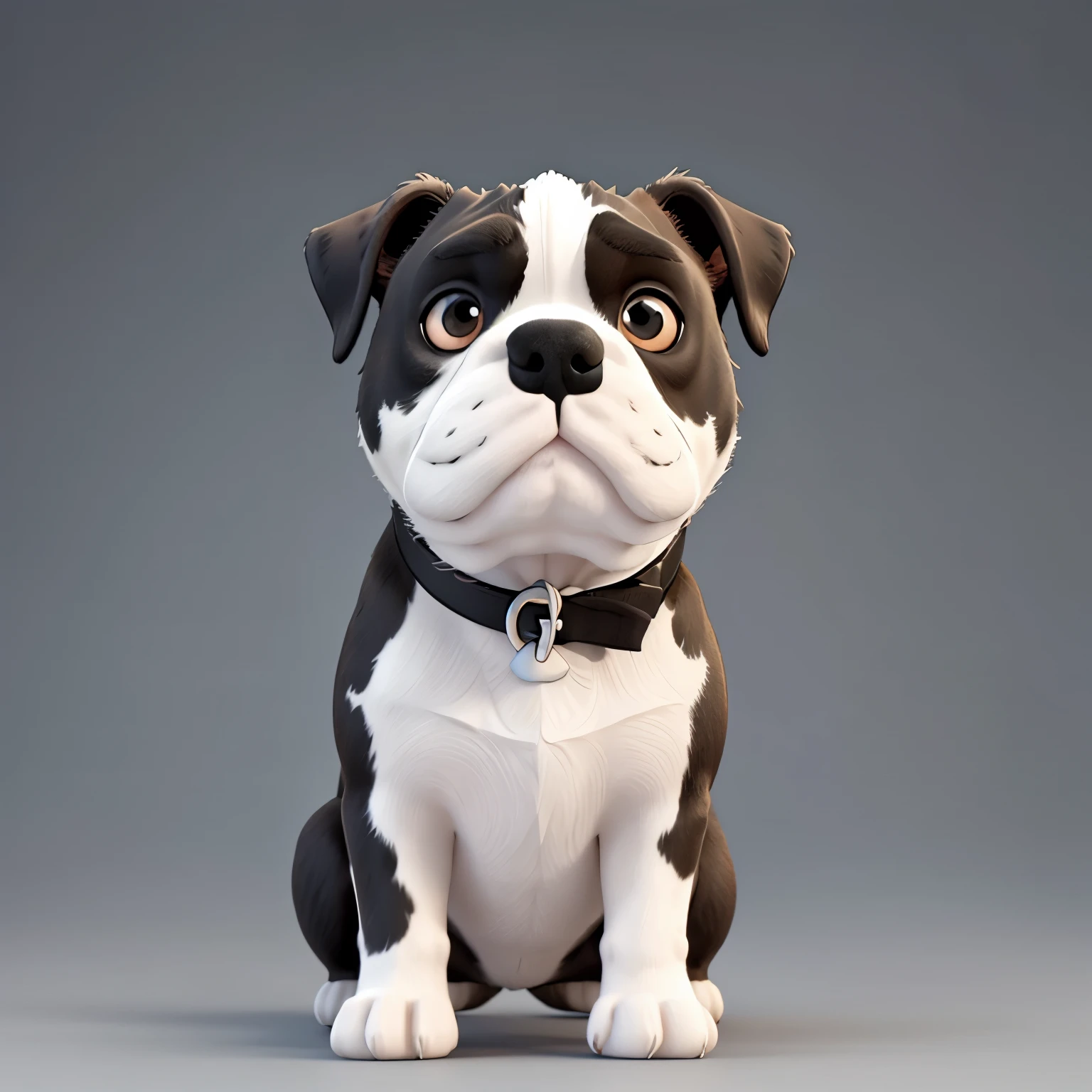 Black and white old English bulldog, head tilted,