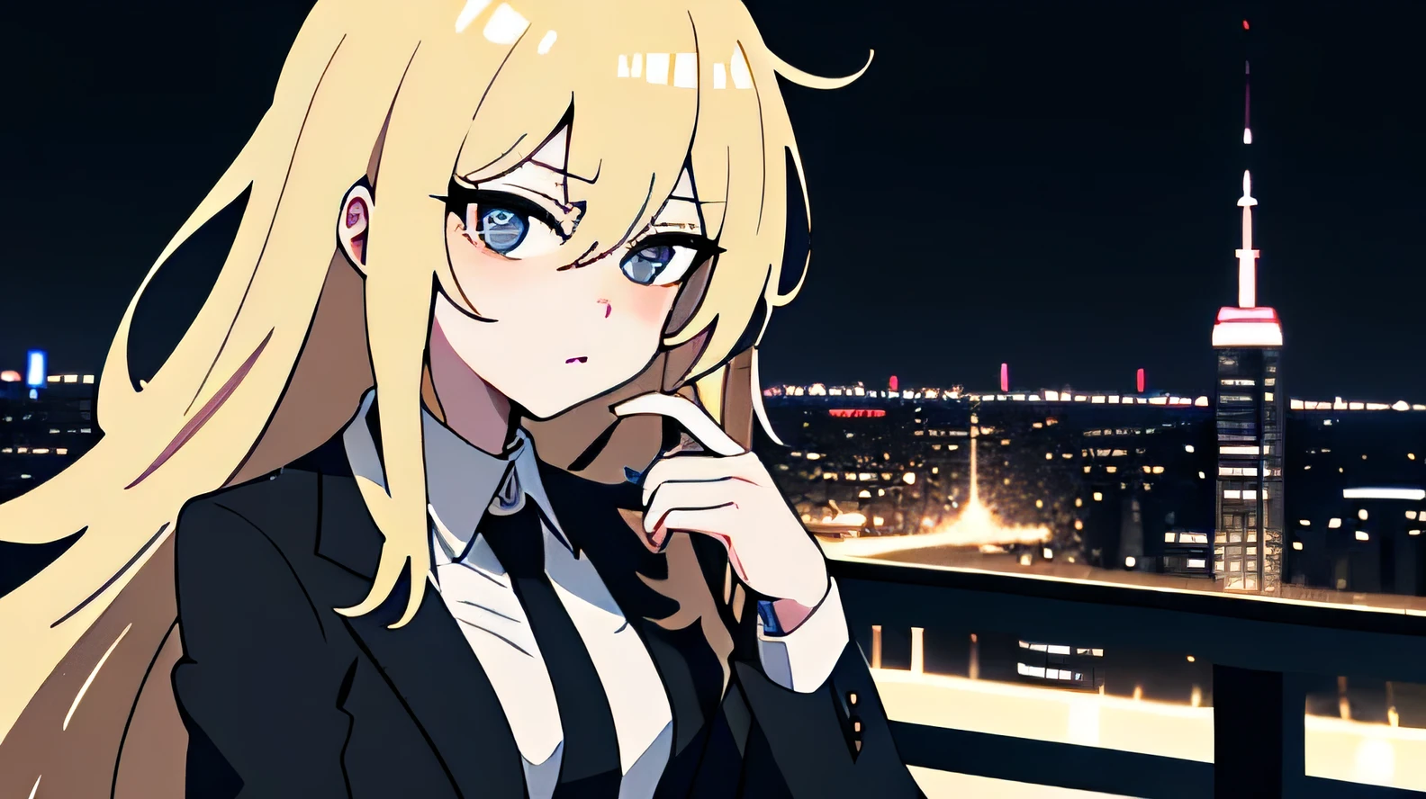 girl, blond, long hair, messy, black eyes, white shirt and black tie, black pantaloon high quality, tired, best quality, any anime art style,  manga style, anime blond haired girl sitting at a car's hood, koenigsegg jesko absolut, tokyo city background, night time, 1k resolution, perfect face