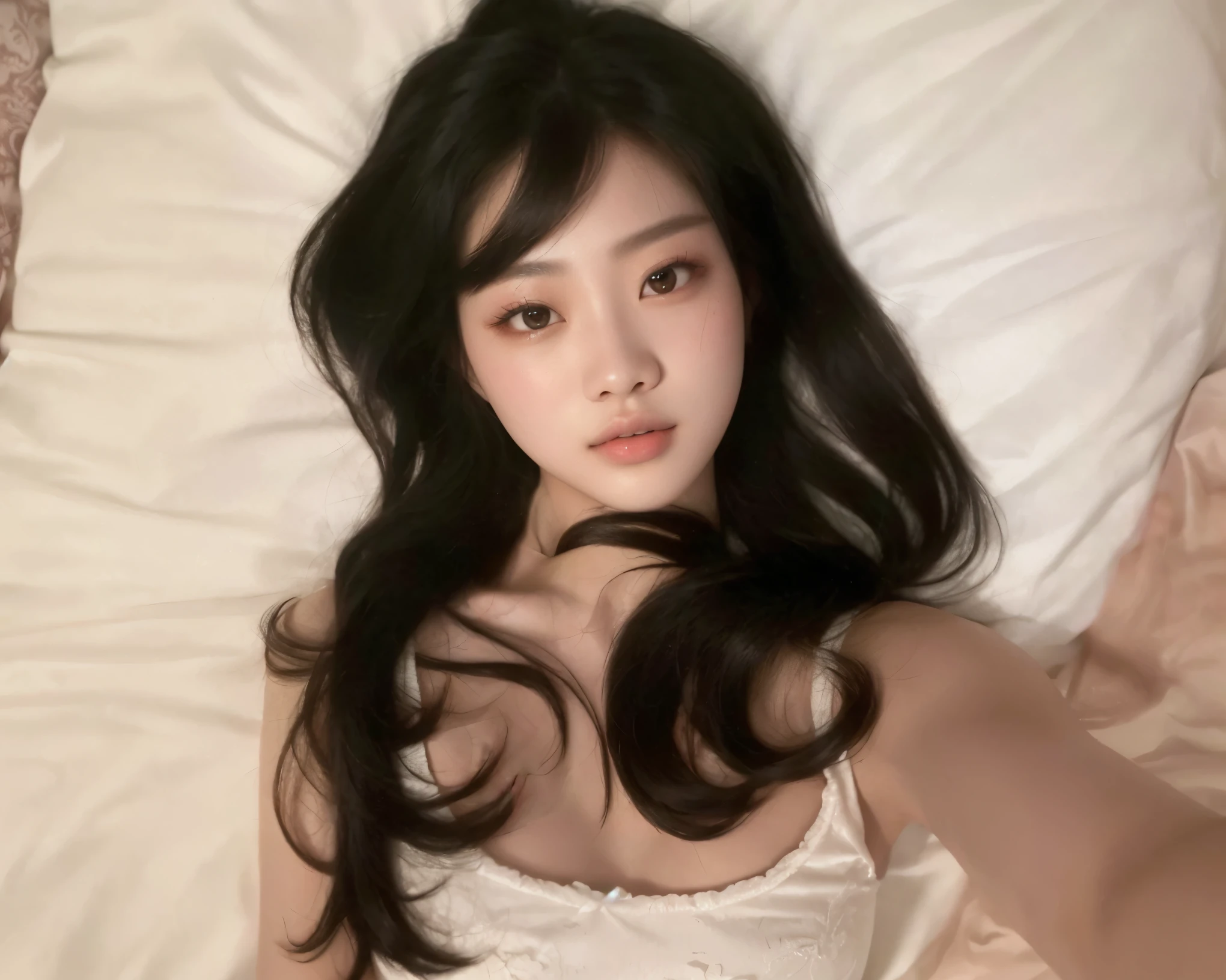 araffe woman lying on the bed with white sheets and a white pillow, wenfei you, sha xi, posando na cama, gema chen, Chengyou Liu, Na minha cama, Yoshitomo Nara, 27 anos de idade, 28 anos de idade, Xintong Chen, Xision Wu, Lulu Chen, luji kim jennie blackpink
