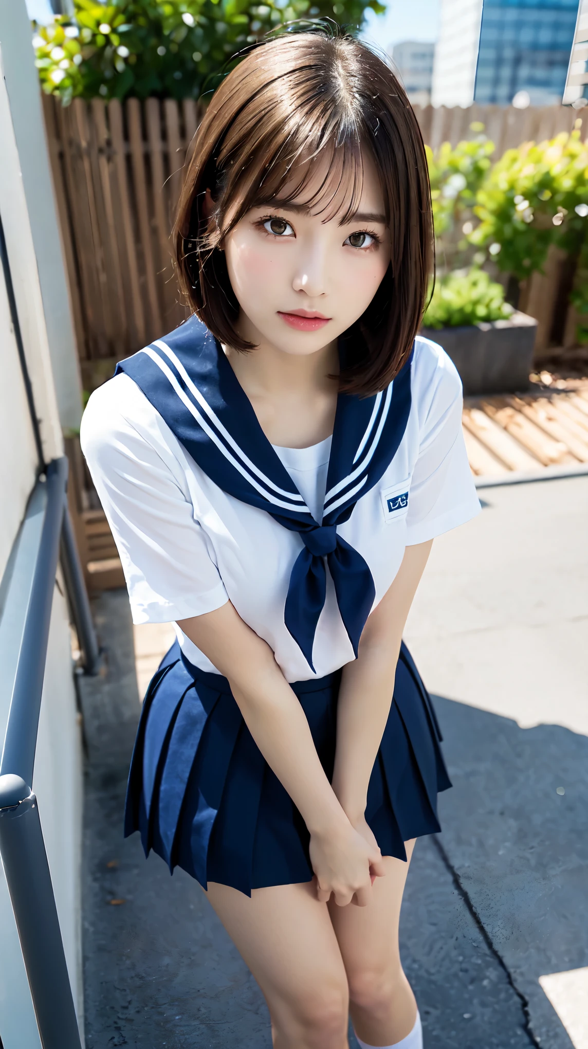 (((Perfect Anatomy, Anatomically correct, Very detailedな肌))), ((Pull down your panties)), 1 girl, Japanese, high school girl, Shiny skin, Observe your audience, 
Beautiful Hair, Beautiful Face, Beautiful fine details, (short hair:1.1, Bobcut:1.2), Dark blonde hair:1, blue eyes, Baby Face, Mole under the eye, 
Beautiful clavicle, Beautiful body, Beautiful breasts, Large Breasts:0.5, Beautiful thighs, Beautiful feet, 
((Short sleeve, Cute sailor uniform, all in dark blue, Dark blue pleated skirt, Navy blue sailor color, Sailor scarf, socks, Brown Loafers)), Captivating thighs, (Red Slave Collar), 
((, Embarrassing, , , )), Are standing, 
(Beautiful views), summer, School rooftop, building, Chain link fence, 
8k, highest quality, masterpiece​:1.2, Very detailed), (Realistic), Beautiful illustrations, Natural light, Official Art，Very detailedな CG Unity 8k 壁紙, (masterpiece:1.0),(highest quality:1.0), photo shoot, 8k, Browsing Caution, High resolution, Kodak Portrait 400, Film Grain, Lens flare brilliance, View Viewer, (upper body:1.3), (leaning forward:1.6), (very low camera angle:1.6)
