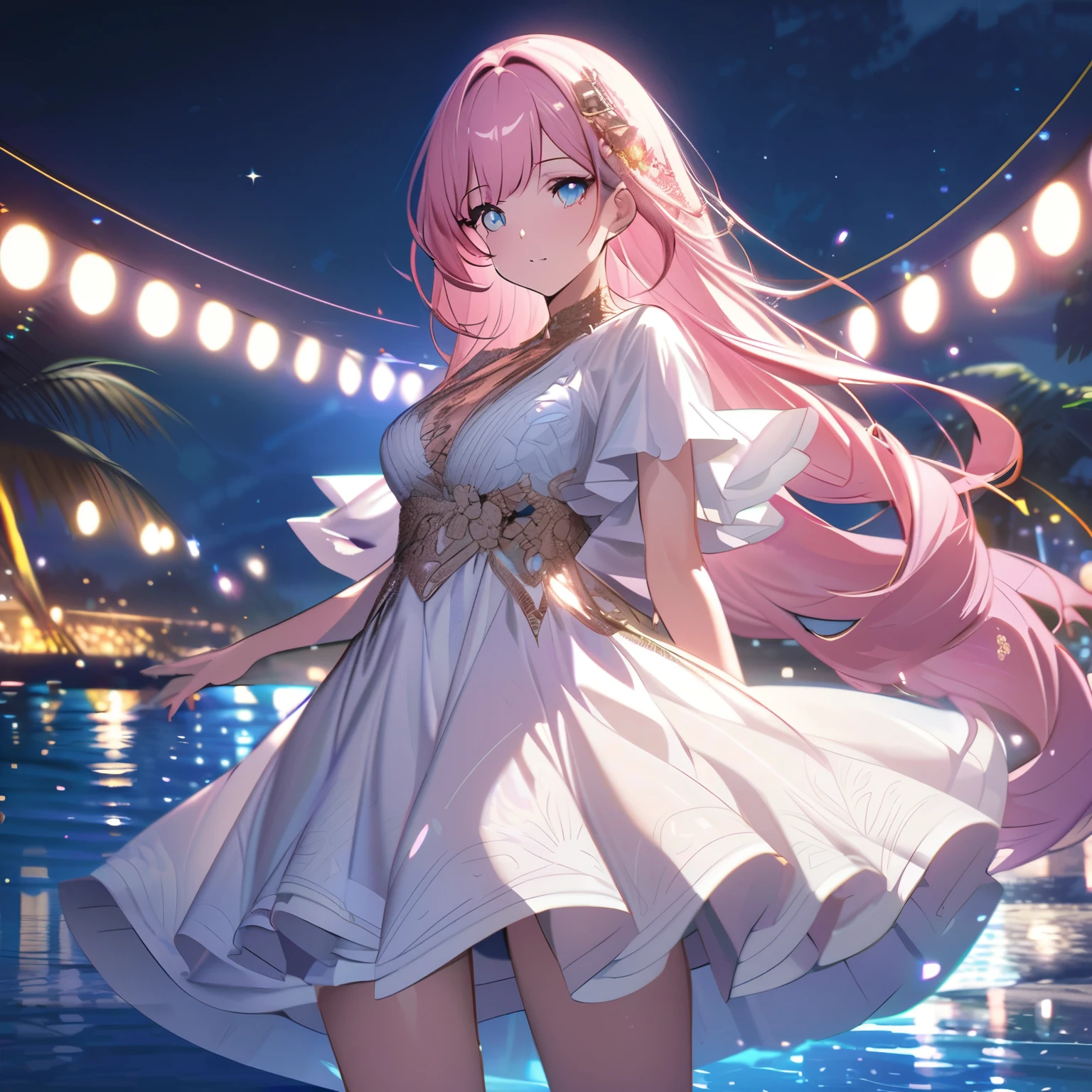 ``A beautiful woman with long pink hair and beautiful eyes wearing an elegant and detailed hawaiian dress.The dress must have intricate designs and patterns to give it a luxurious and luxurious feel.In the background , the image should depict a romantic Hawaiian beach at night with light reflecting off the water and an illuminated bridge across the scene, emphasizing the sparkling effects and rainbows throughout the image. Enhance your look and add special ruffles to your dress to make it stand out.”