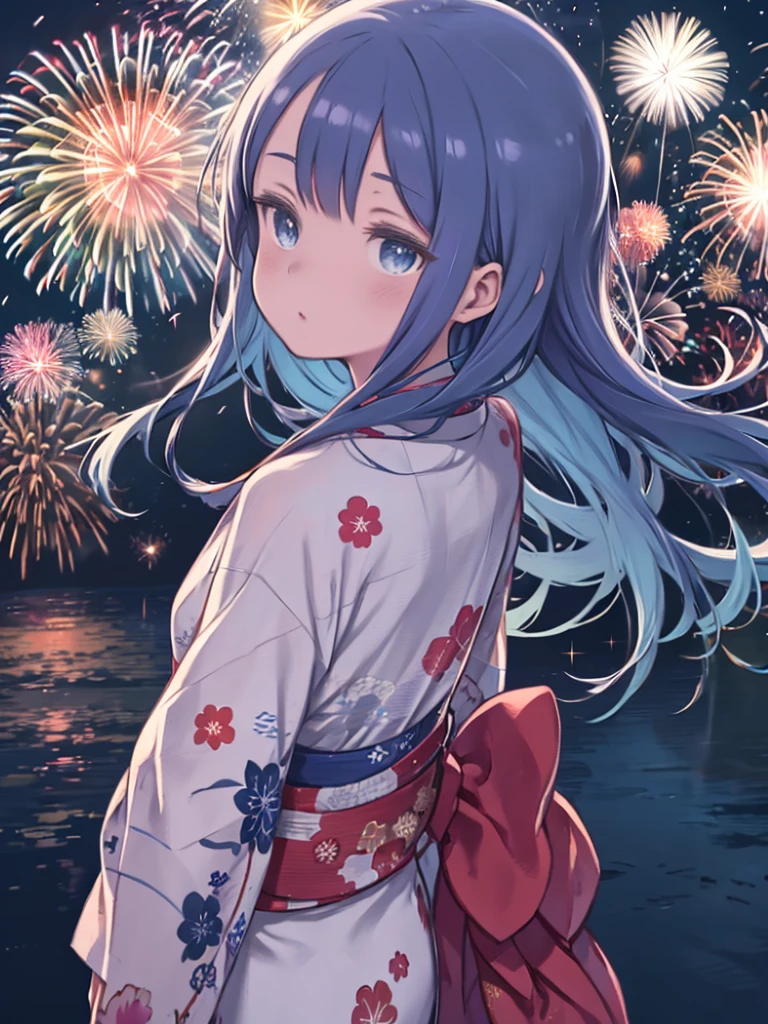 A thoughtful anime-style girl wearing a blue traditional yukata with vibrant floral patterns watches the fireworks。. Her hair is long and a little messy, And she、Illuminating the night sky with countless colors、Look up at the sky filled with dazzling fireworks. You can see the reflection of the fireworks on the nearby water surface., casting a magical ambiance. This scene exudes the lively atmosphere of a summer night with fireworks.。, The characters are immersed in the beauty and excitement of the event..