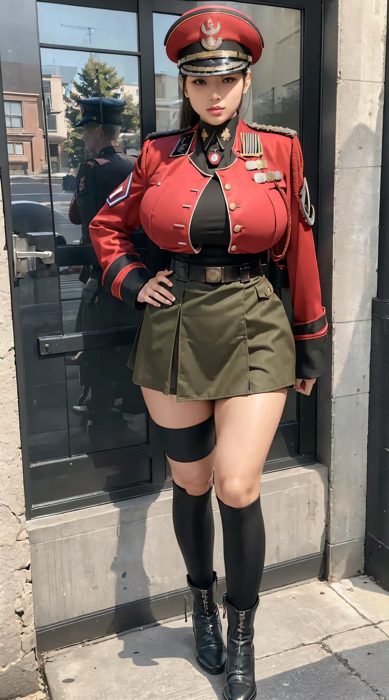 physically-based rendering, 1girl, Female soldier, (huge fake breasts:1.2), (street:1.5), sexy muscular body, slim waist, big buttocks, (Full body:1.3), walking, (skintight army skirt), (red military jacket uniform:1.3).