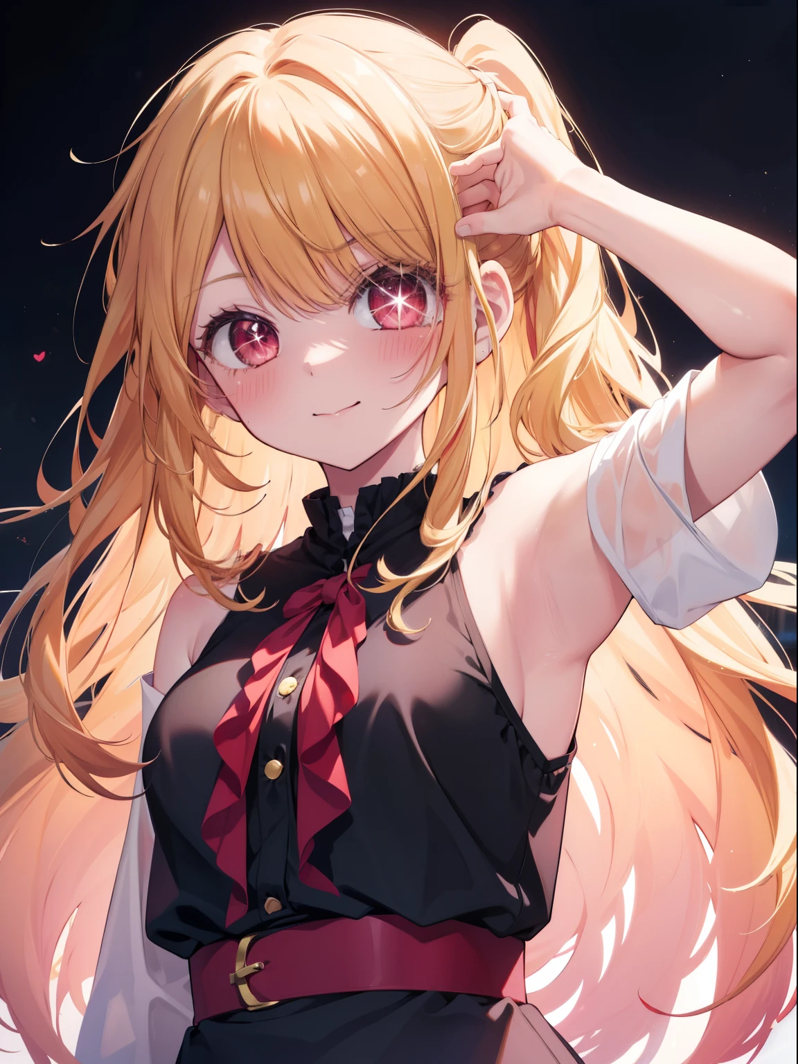 Hoshino Ruby、Good looking girl (Long blonde hair with square bangs, Big Red Eyes, One-eyed star,blush, Perfect Face), independent , looking at the camera, masterpiece, Anime art style, Cute Characters, Most detailed, high quality、Nico Nico Smile、Showing armpits、Blonde、Long Hair