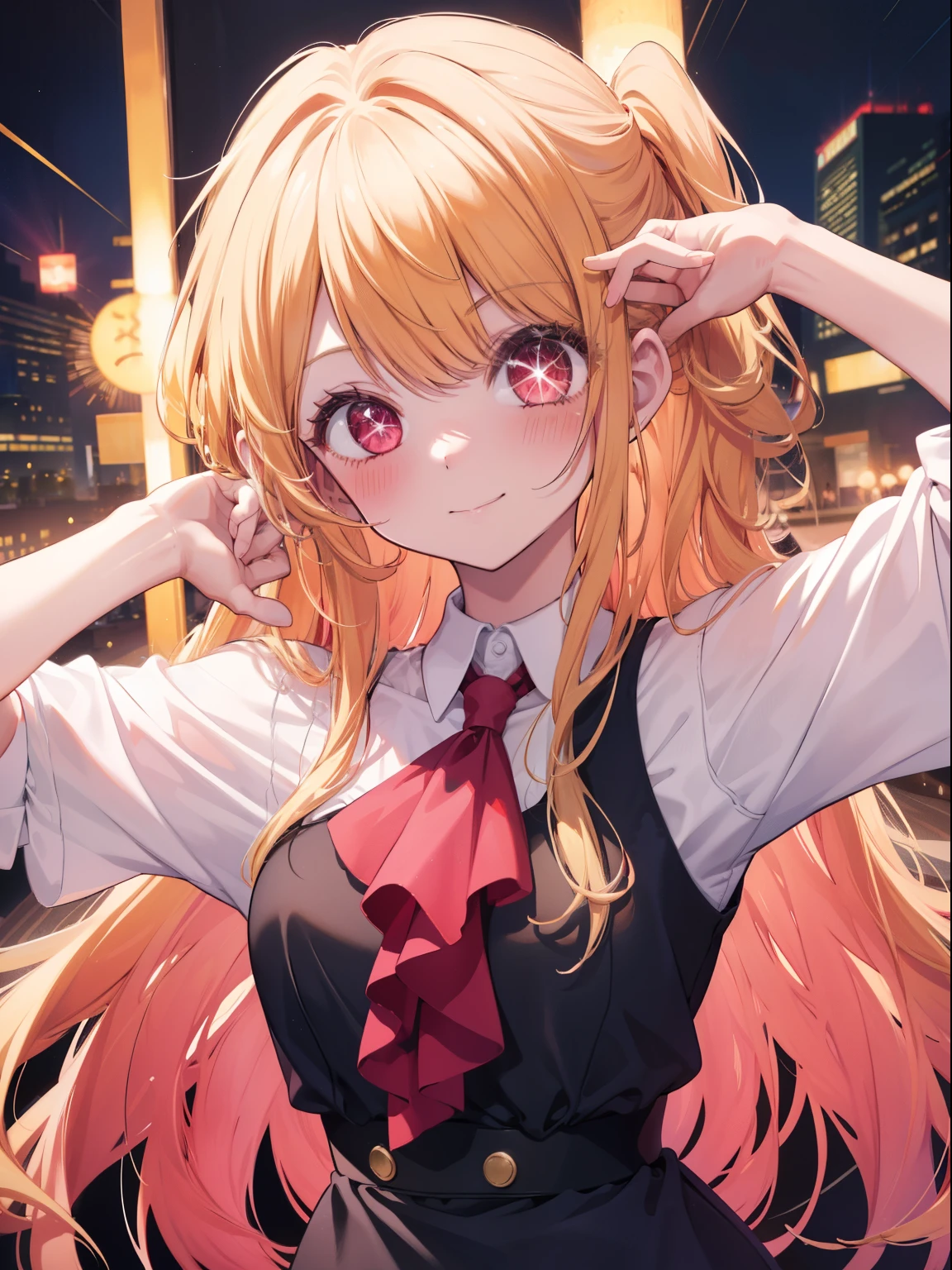 Hoshino Ruby、Good looking girl (Long blonde hair with square bangs, Big Red Eyes, One-eyed star,blush, Perfect Face), independent , looking at the camera, masterpiece, Anime art style, Cute Characters, Most detailed, high quality、Nico Nico Smile、Showing armpits、Blonde、Long Hair