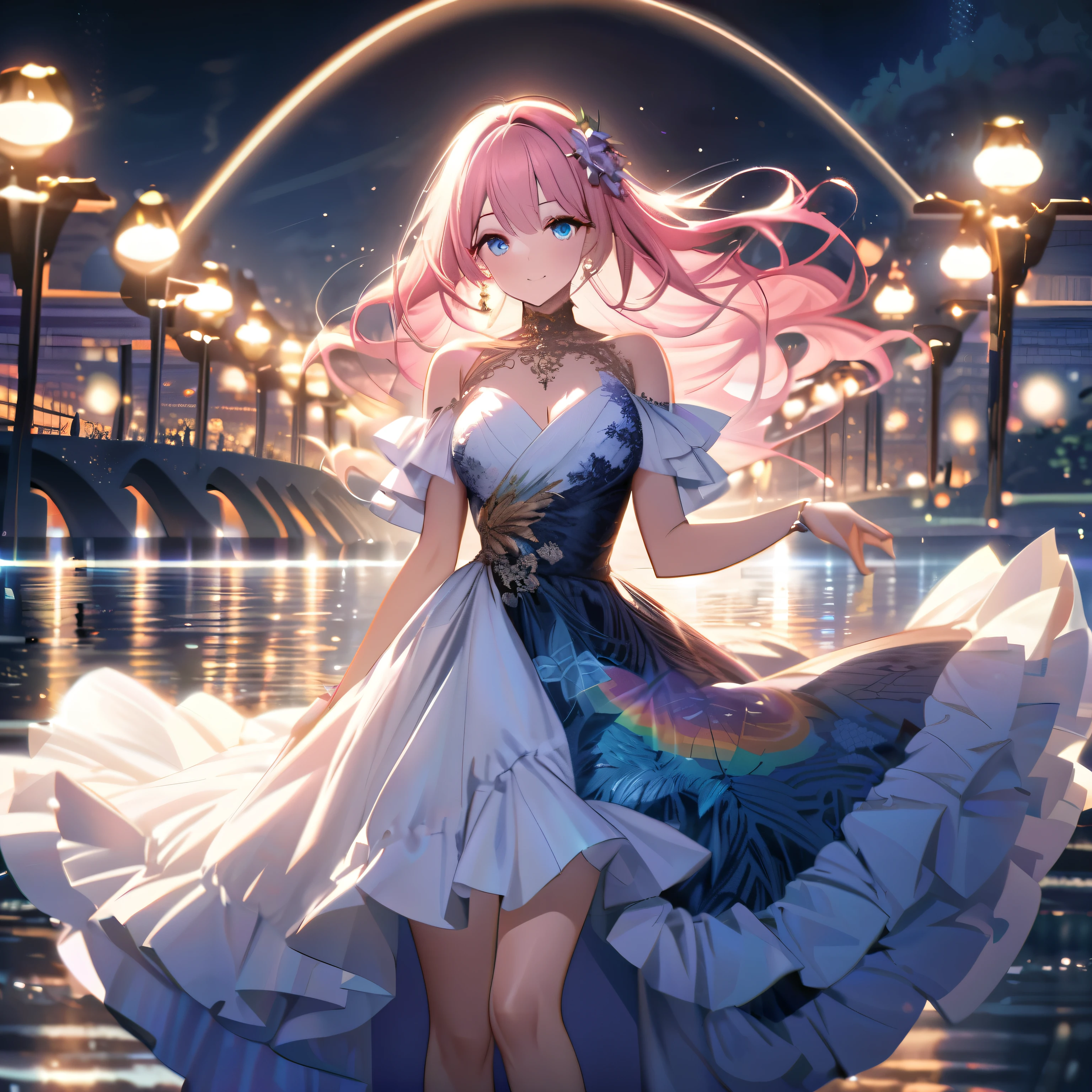 ``A beautiful woman with long pink hair and beautiful eyes wearing an elegant and detailed hawaiian dress.The dress must have intricate designs and patterns to give it a luxurious and luxurious feel.In the background , the image should depict a romantic Hawaiian beach at night with light reflecting off the water and an illuminated bridge across the scene, emphasizing the sparkling effects and rainbows throughout the image. Enhance your look and add special ruffles to your dress to make it stand out.”