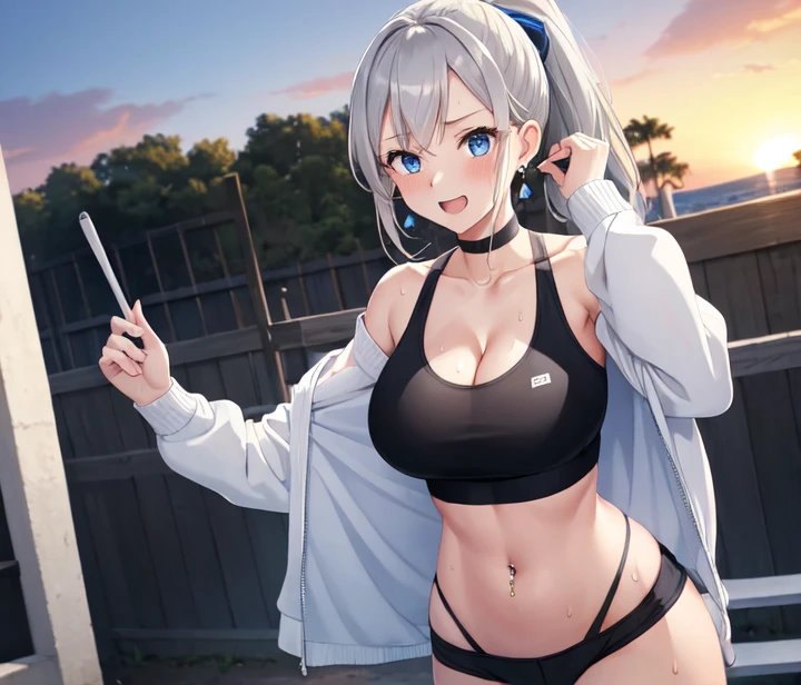 (((masterpiece))), ShizukaMikazuki, One Girl, alone, View your audience, Long Hair, Gray Hair, Long sleeve, Cleavage, Huge big breasts,clavicle, Mature Body,Ken。Six-pack,Make your face a little smaller,Make your breasts bigger,tall,Blushing,Pie Ponytail,Blouson, Open clothes, open Blouson, blue Blouson,nude,Black sports bra,Black hot pants, Play sports often, Choker with charm,Earrings,Belly piercing,Laughing embarrassedly,blue eyes,natural Park,Sunset,Shooting from an angle,Sweat all over,Close your mouth
