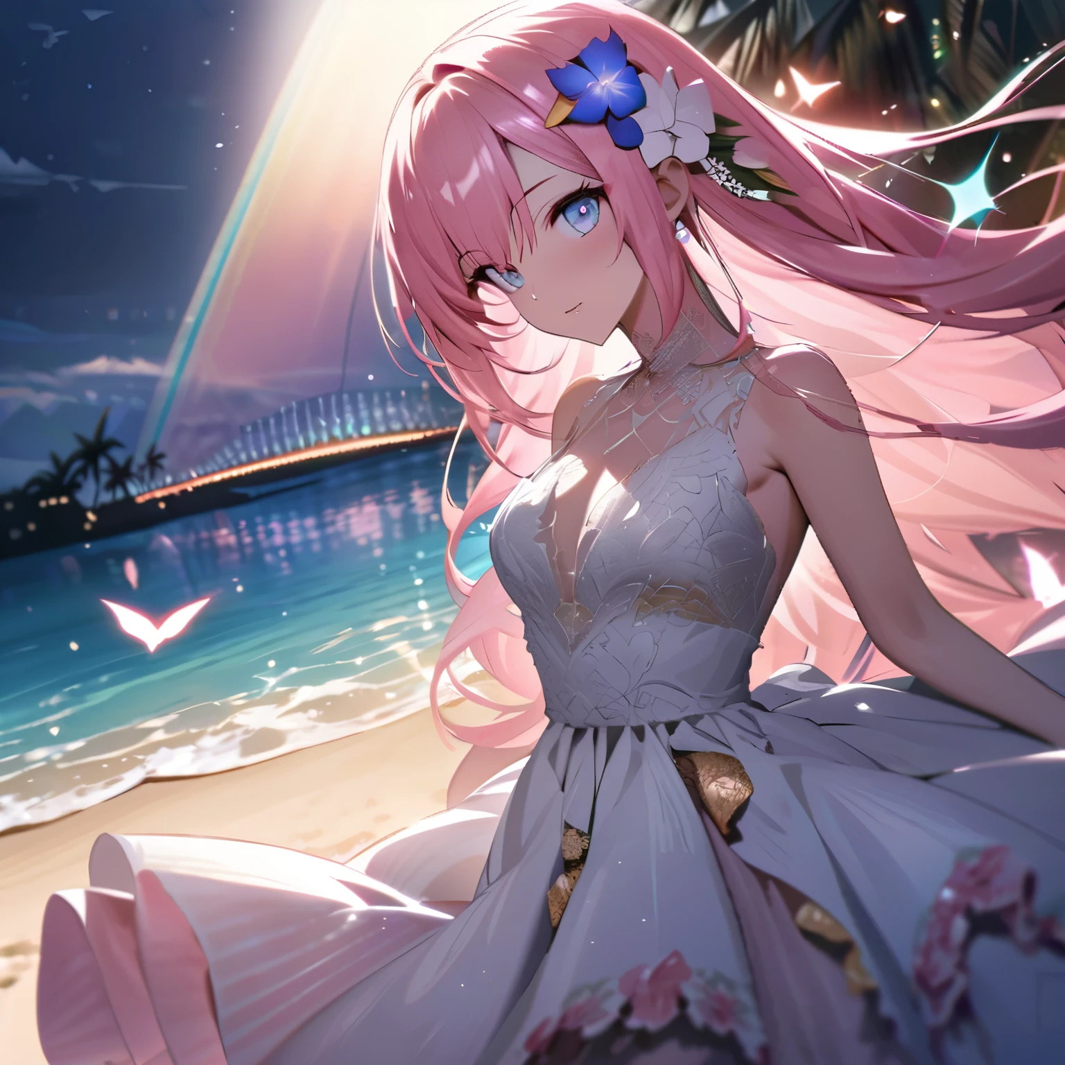 ``A beautiful woman with long pink hair and beautiful eyes wearing an elegant and detailed hawaiian dress.The dress must have intricate designs and patterns to give it a luxurious and luxurious feel.In the background , the image should depict a romantic Hawaiian beach at night with light reflecting off the water and an illuminated bridge across the scene, emphasizing the sparkling effects and rainbows throughout the image. Enhance your look and add special ruffles to your dress to make it stand out.”